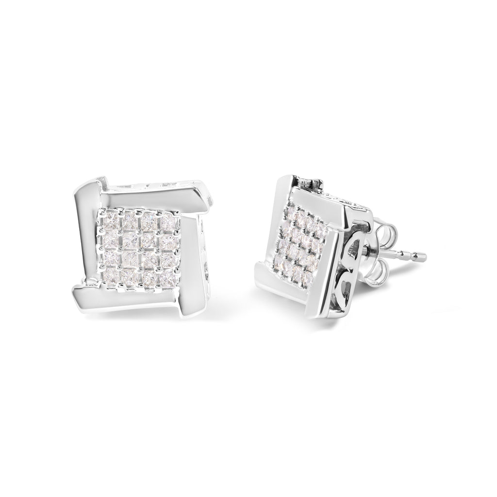 10K White Gold 1/2 Cttw Composite Princess Diamond Square and Swirl Stud Earrings (I-J Color, I1-I2 Clarity)