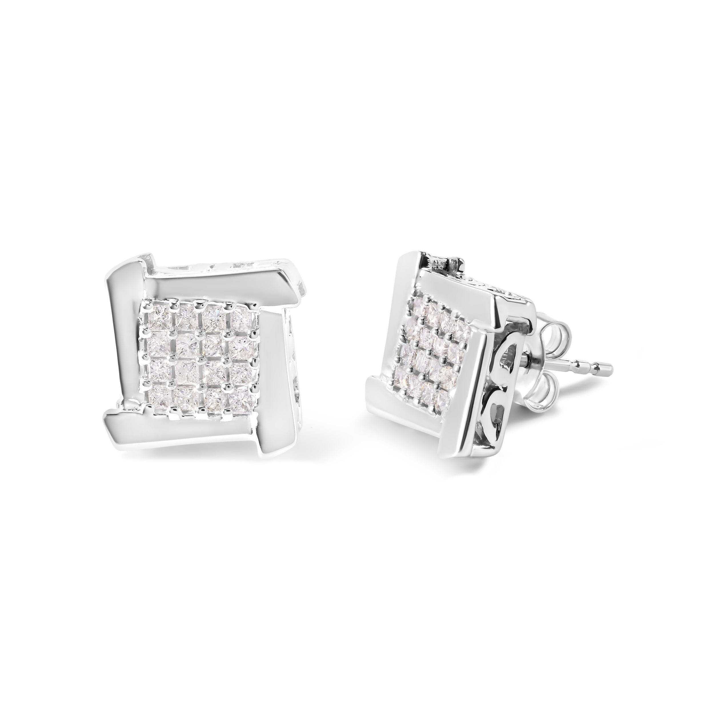 10K White Gold 1/2 Cttw Composite Princess Diamond Square and Swirl Stud Earrings (I-J Color, I1-I2 Clarity)