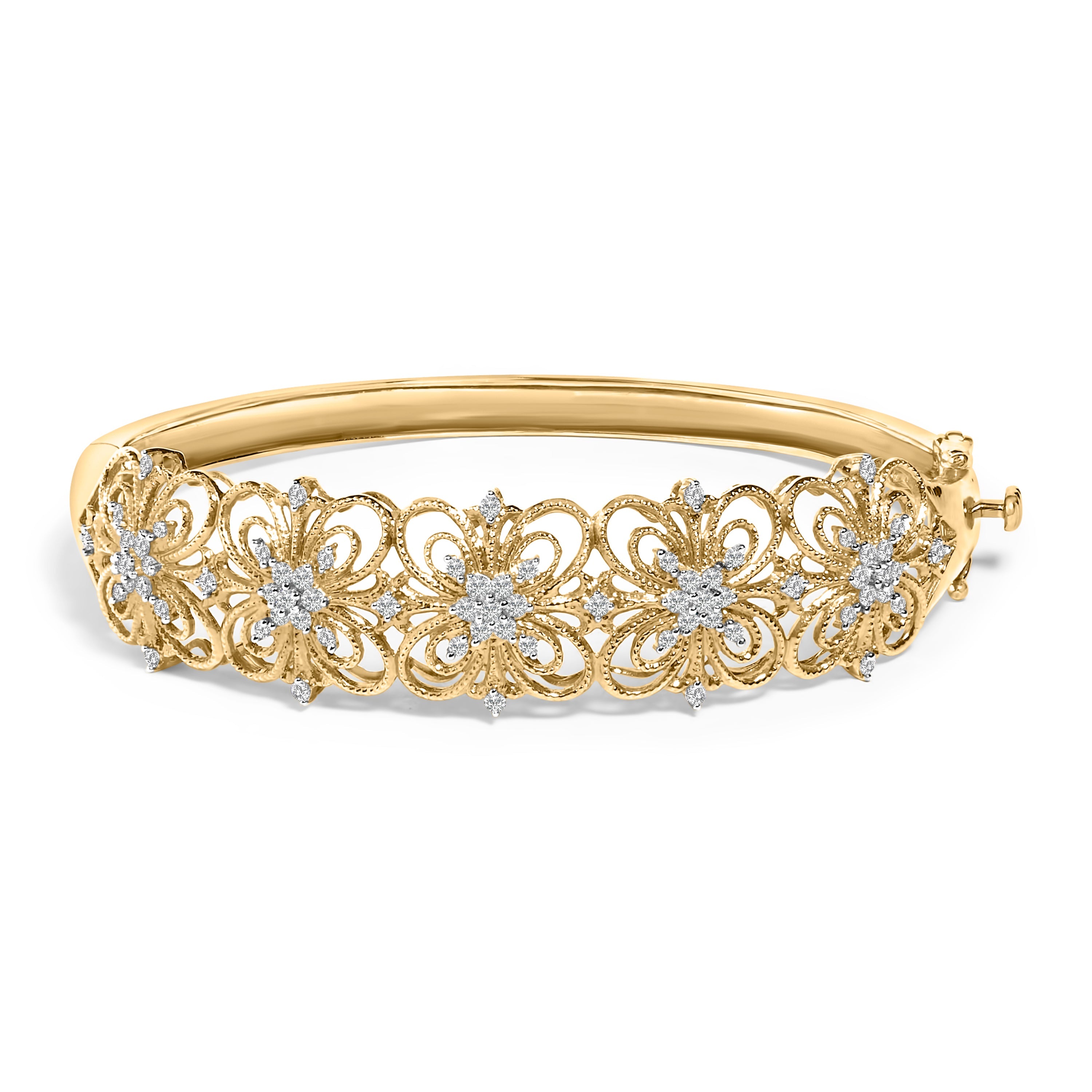 14K Gold 1.00 Cttw Diamond Vintage Inspired Floral Bangle Bracelet (H-I Color, SI1-SI2 Clarity) - 7.75" Inches