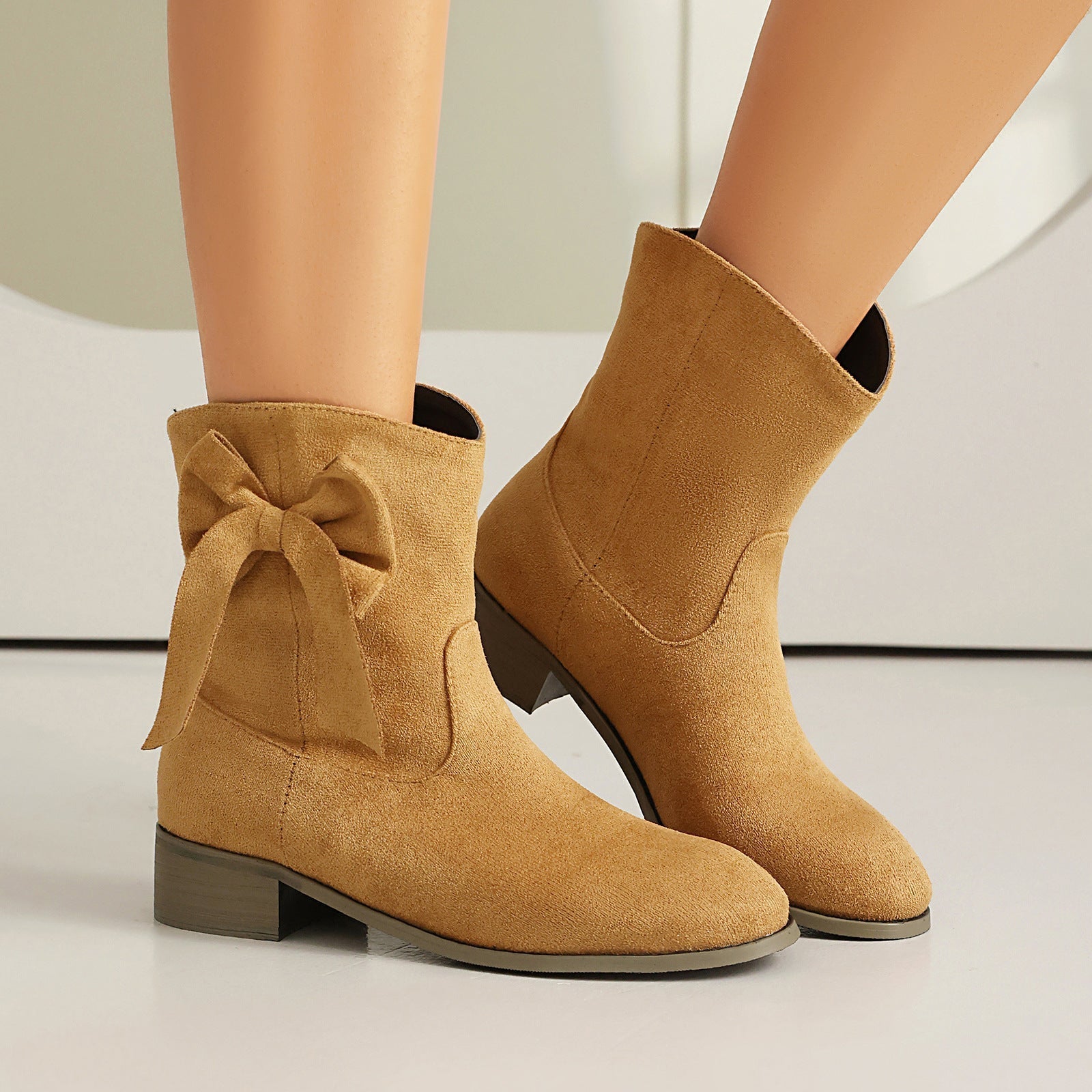 Women’s Low Heel Suede Bow Boots | Large Size Casual Winter Ankle Boots
