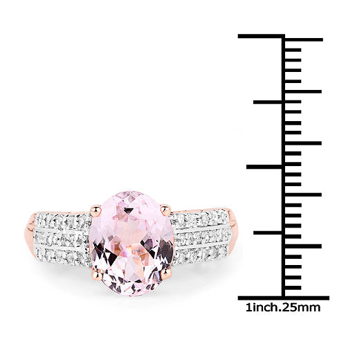 14K Rose Gold Plated 3.27 Carat Genuine Oval Kunzite and White Zircon .925 Sterling Silver Ring