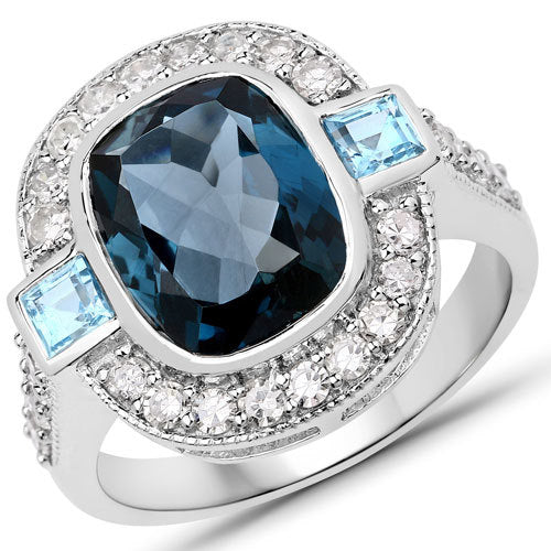 5.27 Carat Genuine London Blue Topaz, Swiss Blue Topaz, and White Diamond .925 Sterling Silver Ring