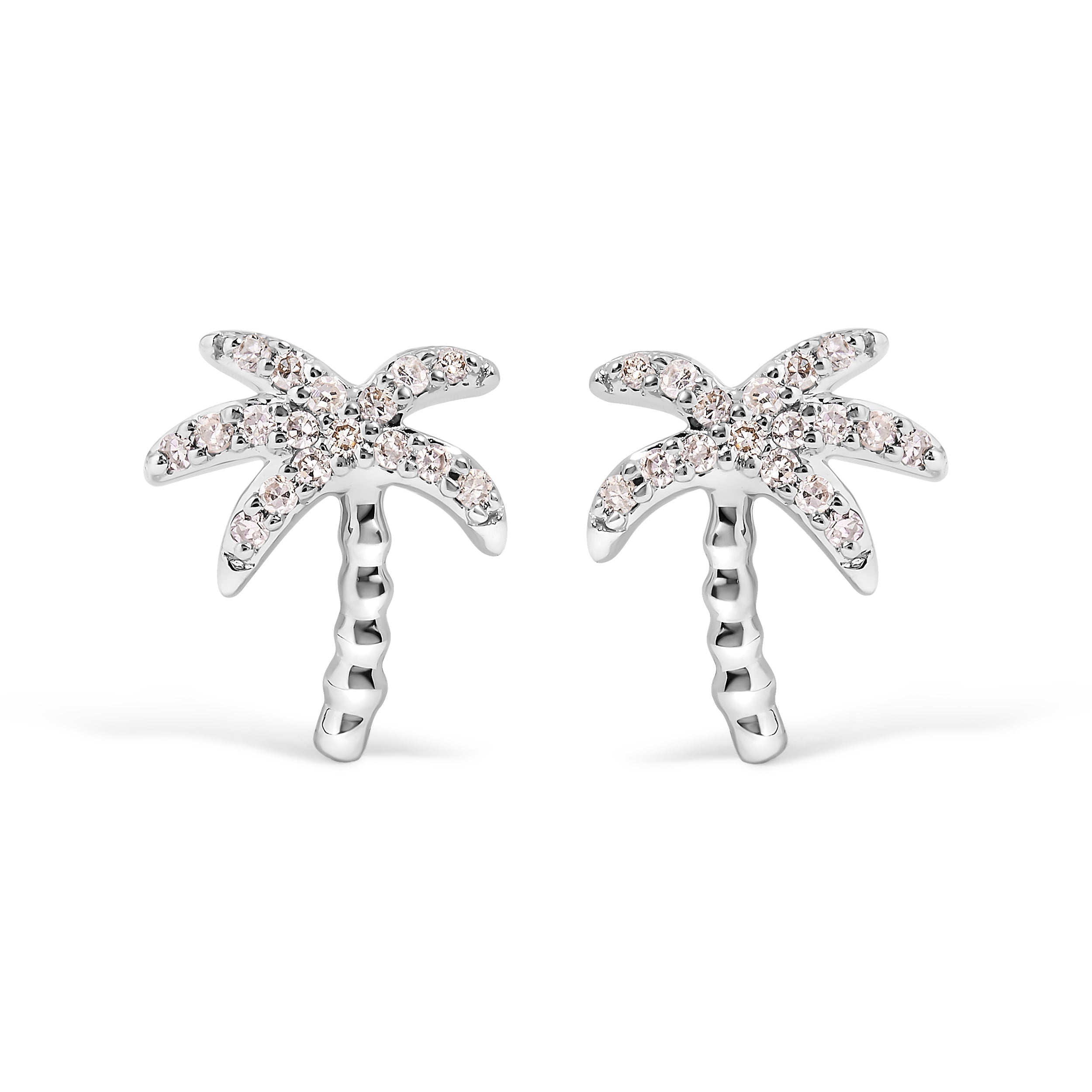 10K White Gold 1/10 Cttw Diamond Encrusted Palm Tree Stud Earrings (H-I Color, I1-I2 Clarity)