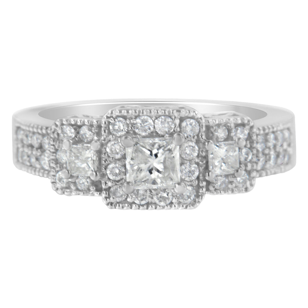 14K White Gold Round and Princess-Cut Diamond Three Stone Ring (1 Cttw, H-I Color, I1-I2 Clarity) - Size 7