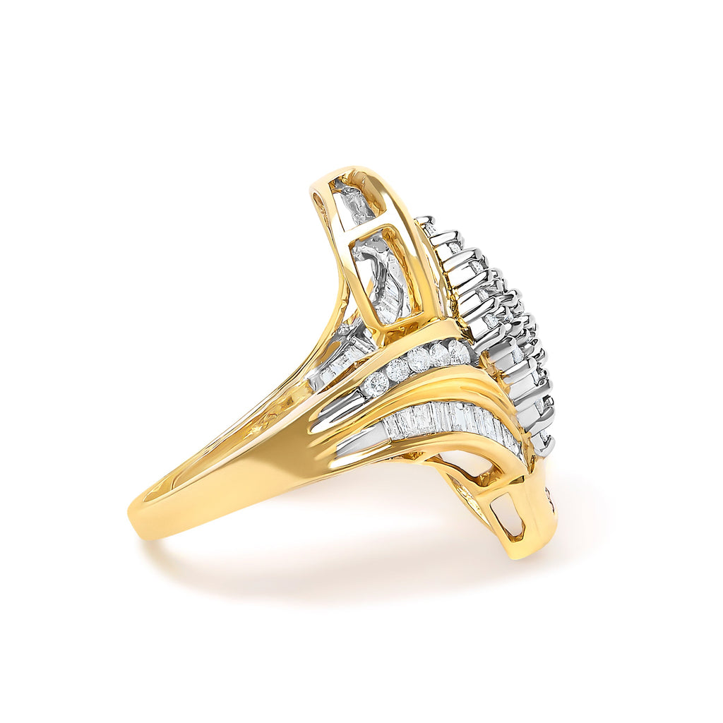 14K Yellow Gold 1-1/3 Cttw Round and Baguette Diamond Bypass Cocktail Ring