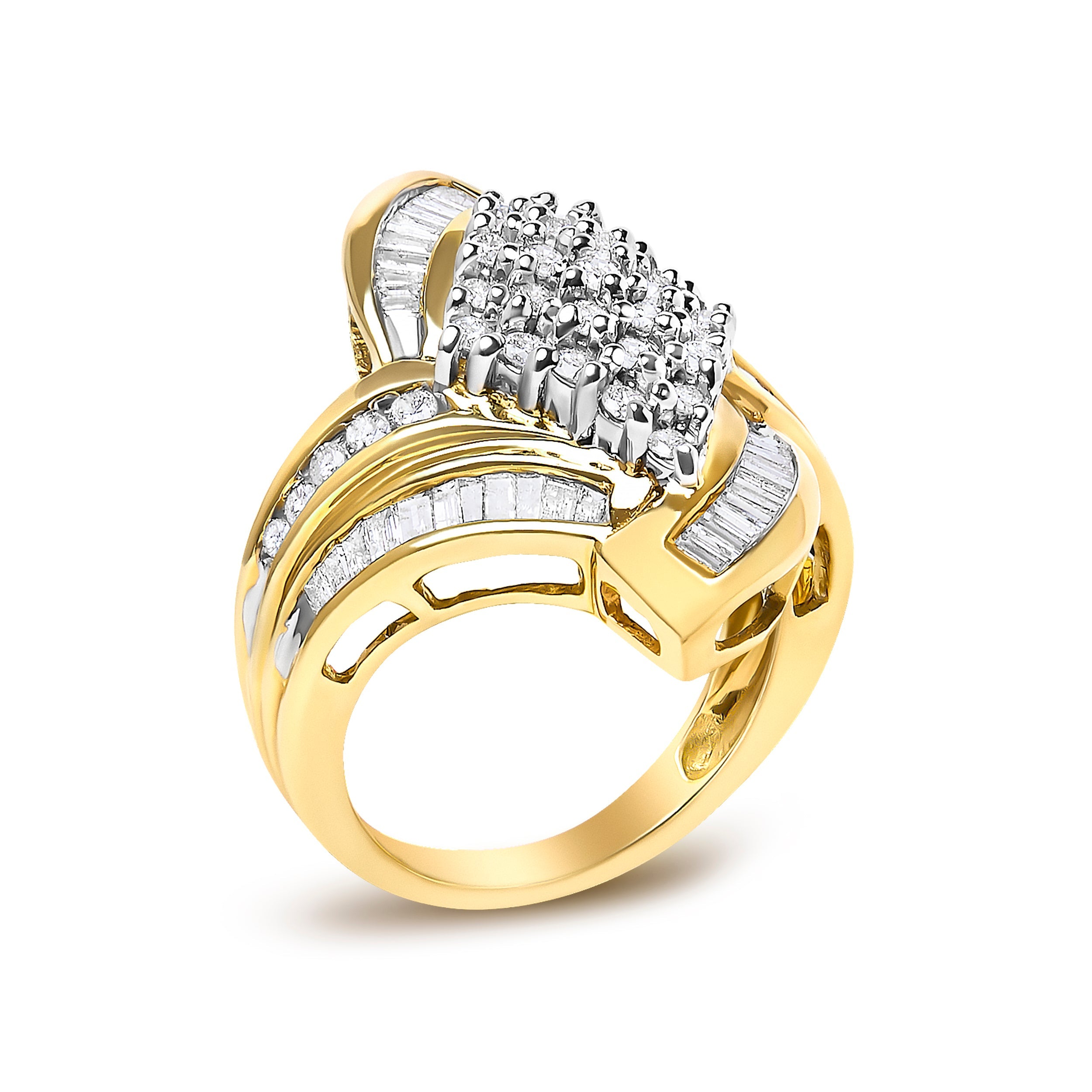 14K Yellow Gold 1-1/3 Cttw Round and Baguette Diamond Bypass Cocktail Ring