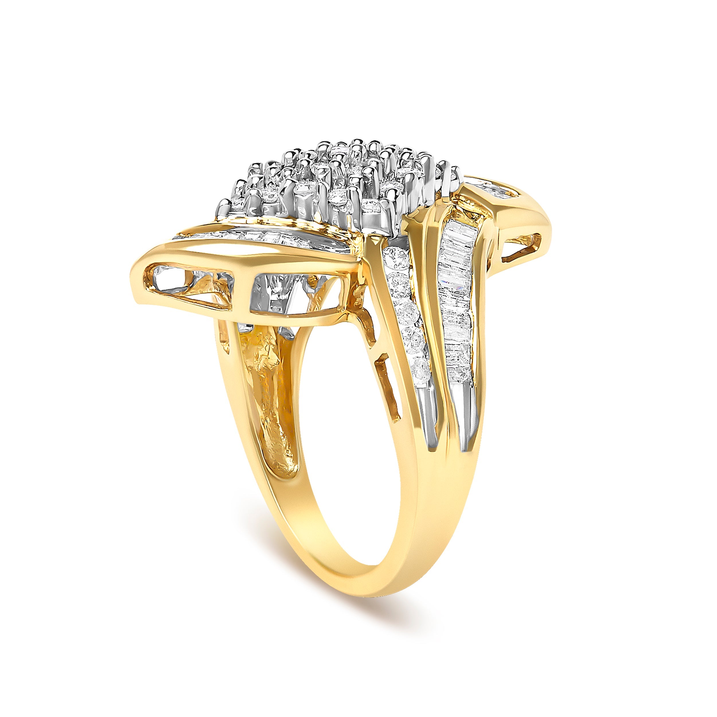 14K Yellow Gold 1-1/3 Cttw Round and Baguette Diamond Bypass Cocktail Ring