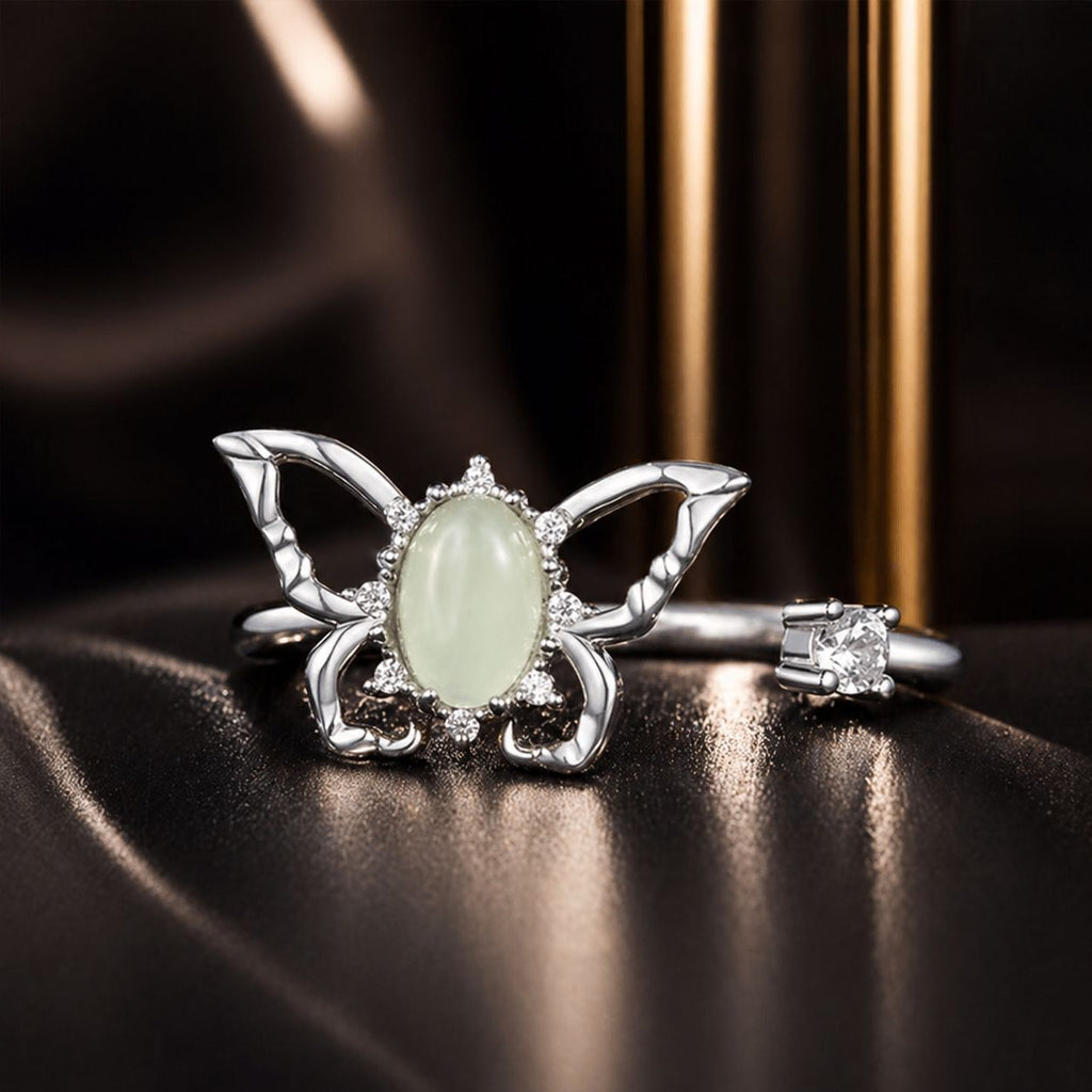 925 Sterling Silver & Natural Jade Pavé Setting Ring for Women