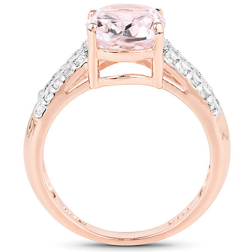 14K Rose Gold Plated 3.27 Carat Genuine Oval Kunzite and White Zircon .925 Sterling Silver Ring