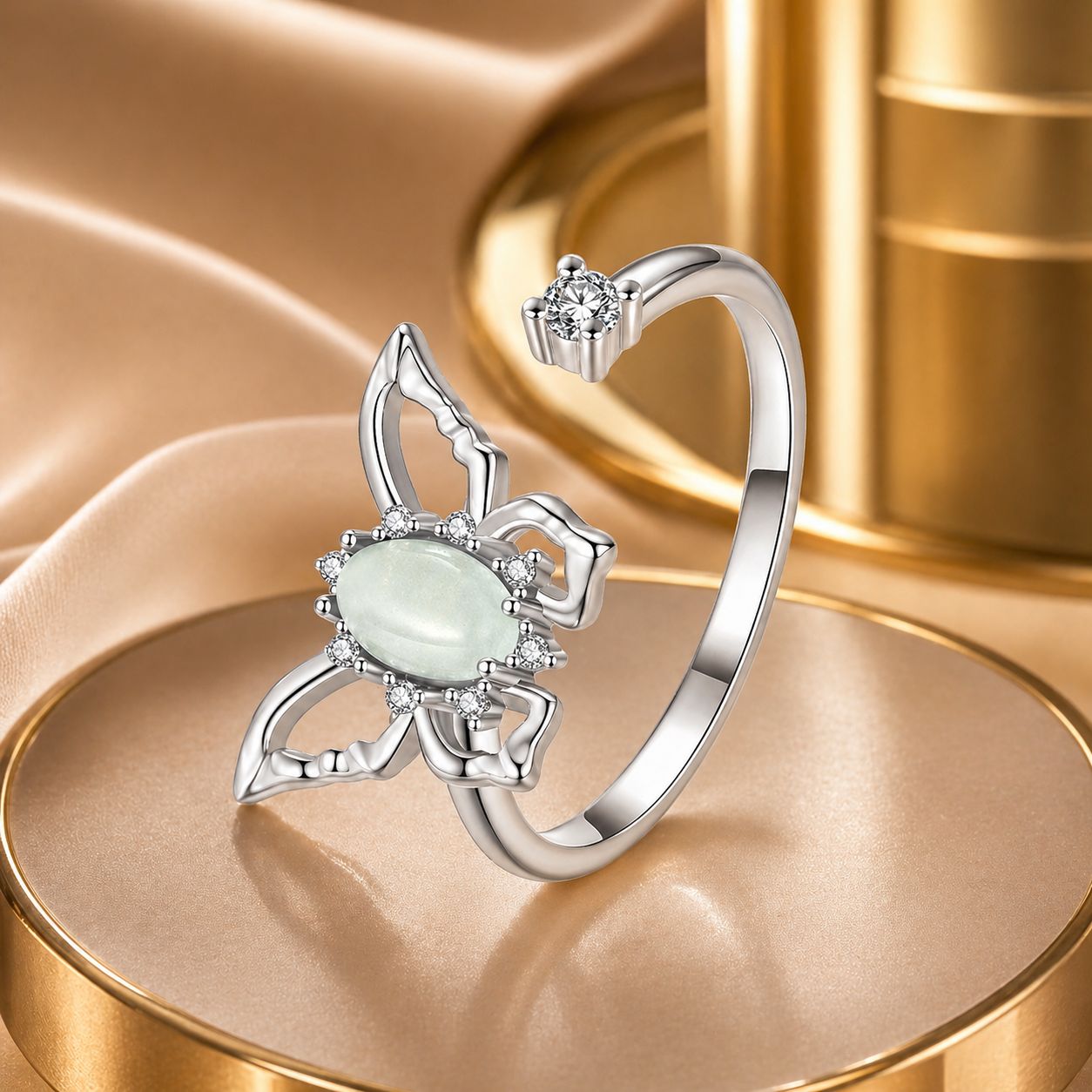 925 Sterling Silver & Natural Jade Pavé Setting Ring for Women