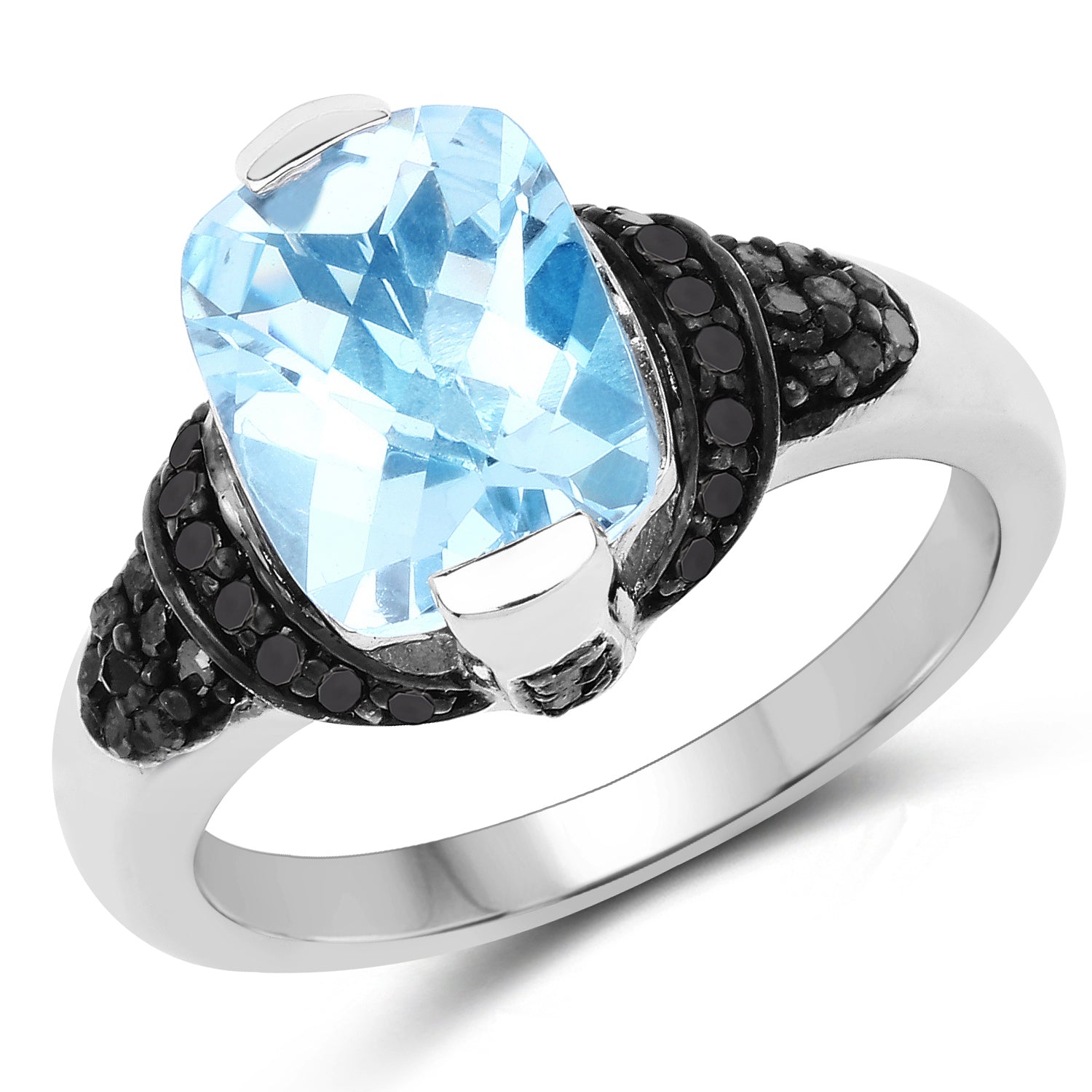 3.81 Carat Genuine Baby Swiss Blue Topaz, Black Diamond, and White Diamond .925 Sterling Silver Ring