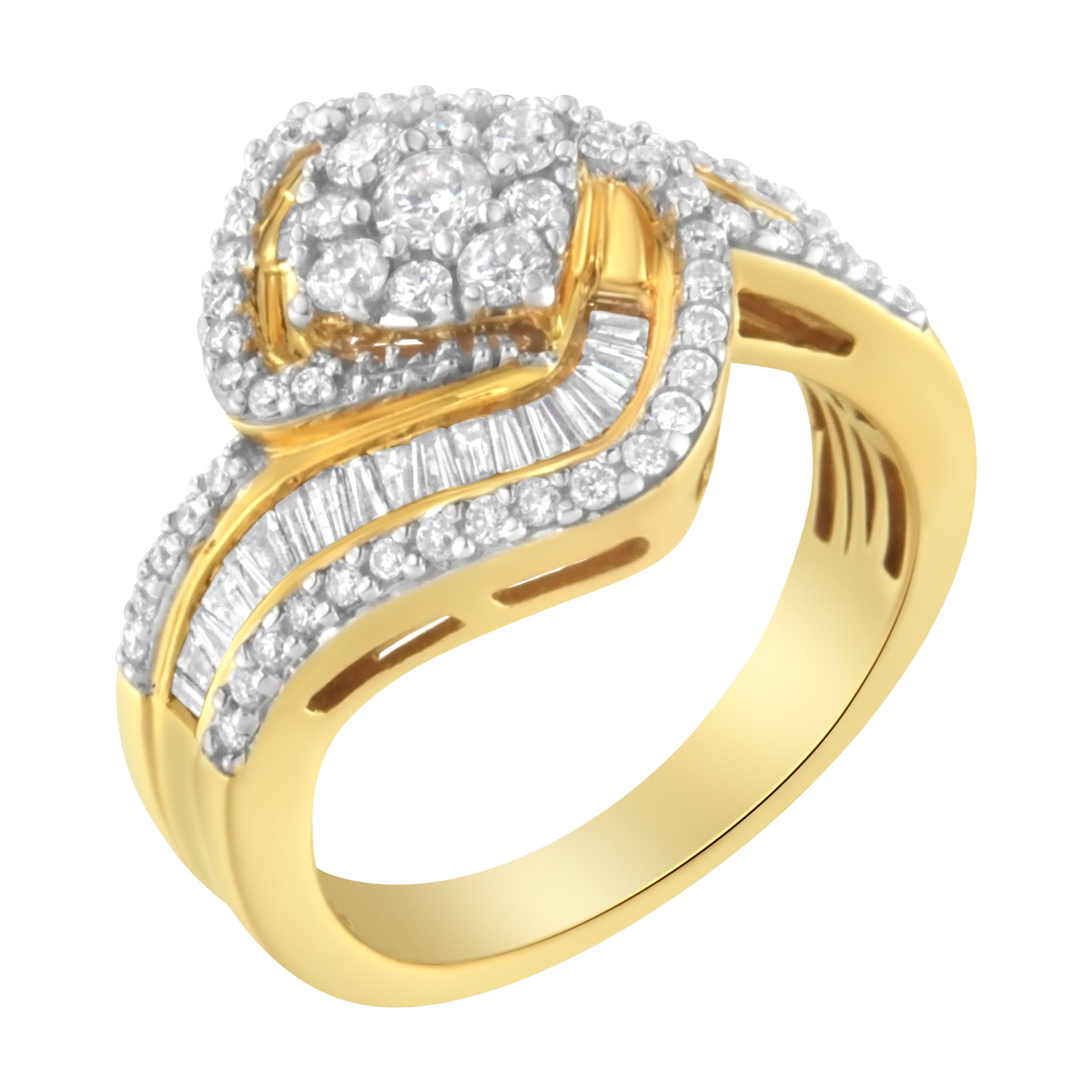 14K Yellow Gold 1.0 Cttw Baguette & Brilliant-Cut Diamond Round Floral Cluster Engagement or Fashion Ring with Swirl Wrapped Triple Row Band (H-I Color, SI2-I1 Clarity) - Size 6-3/4