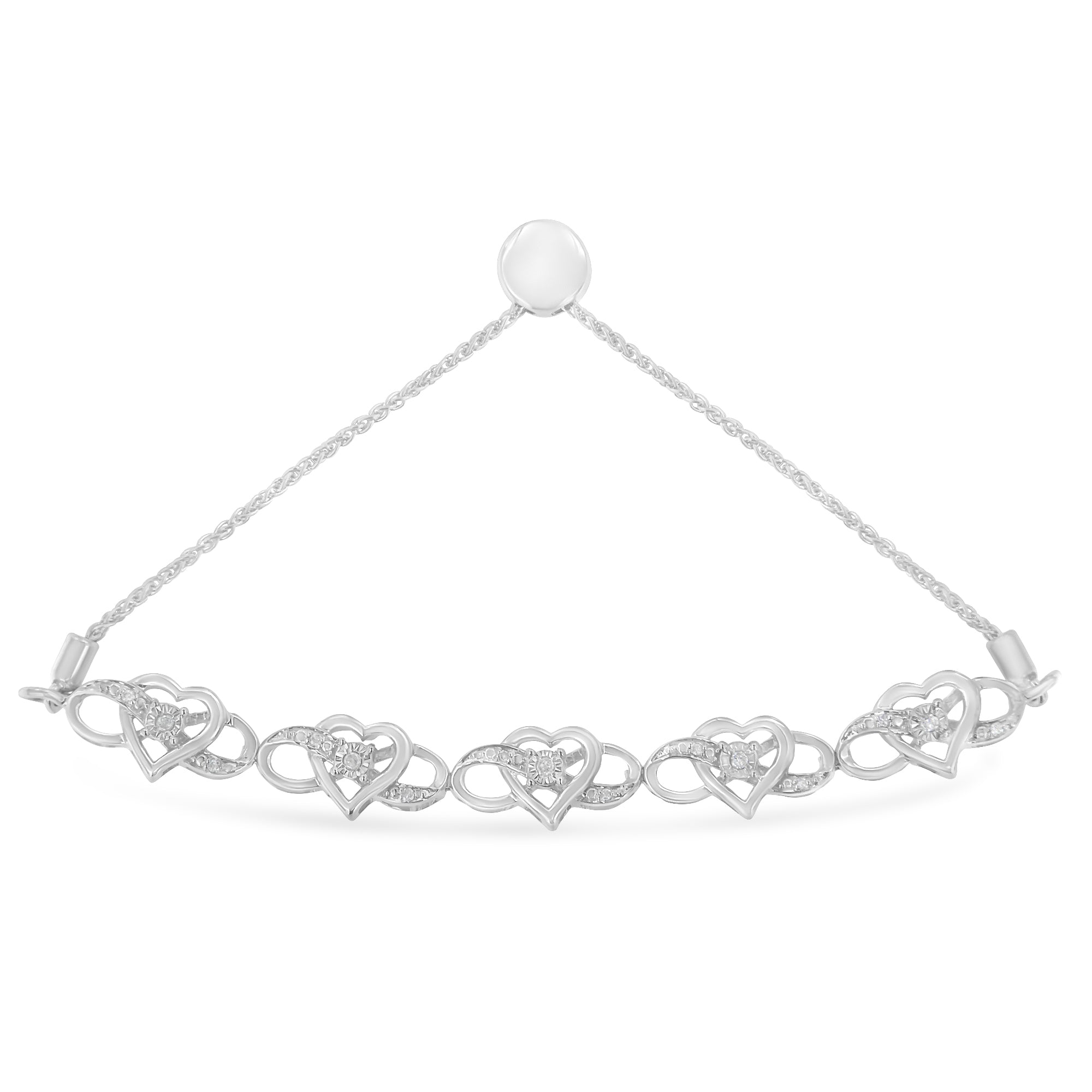 .925 Sterling Silver Miracle Set Diamond Accented Infinity Hearts 6"-9" Adjustable Bolo Bracelet (H-I Color, I2-I3 Clarity)