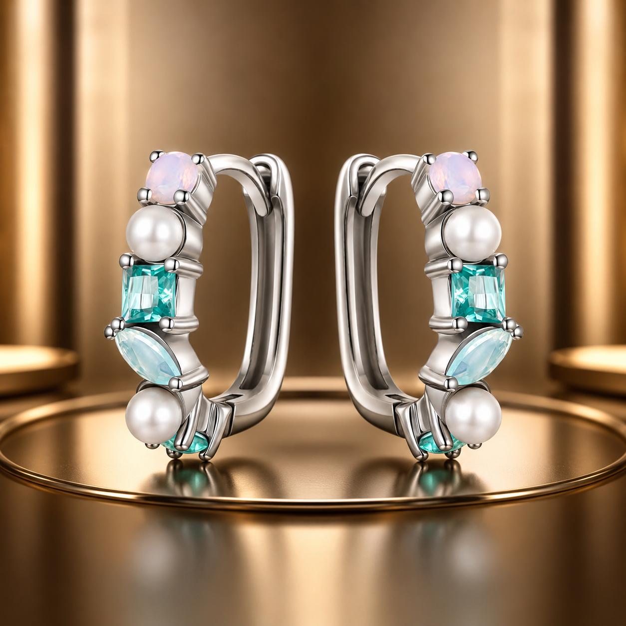 925 Sterling Silver Earrings with Nano Opal, Shell Pearl and Glass, 1.4cm for Women
