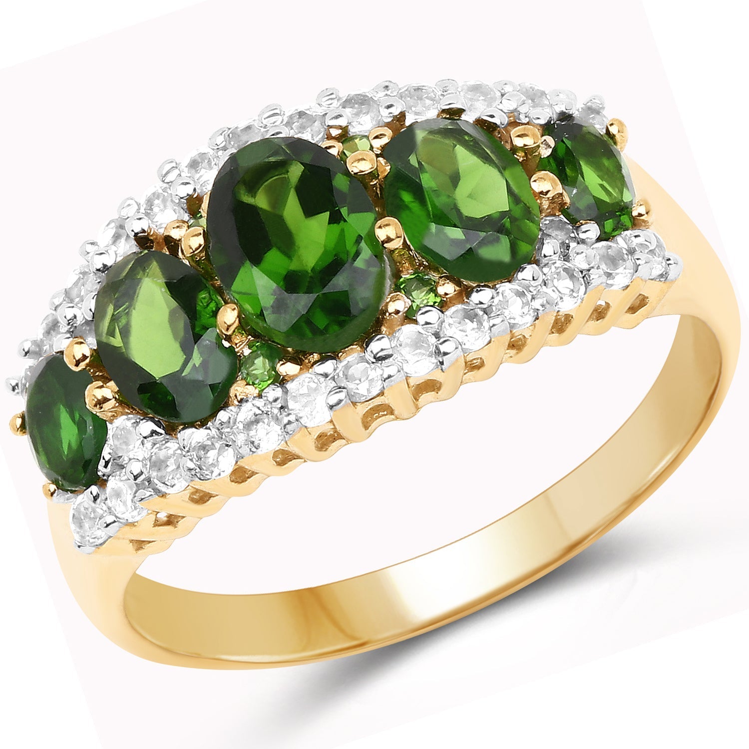 Anillo de plata esterlina .925 con diopsido de cromo genuino de 2.70 quilates y topacio blanco, chapado en oro amarillo de 18 quilates