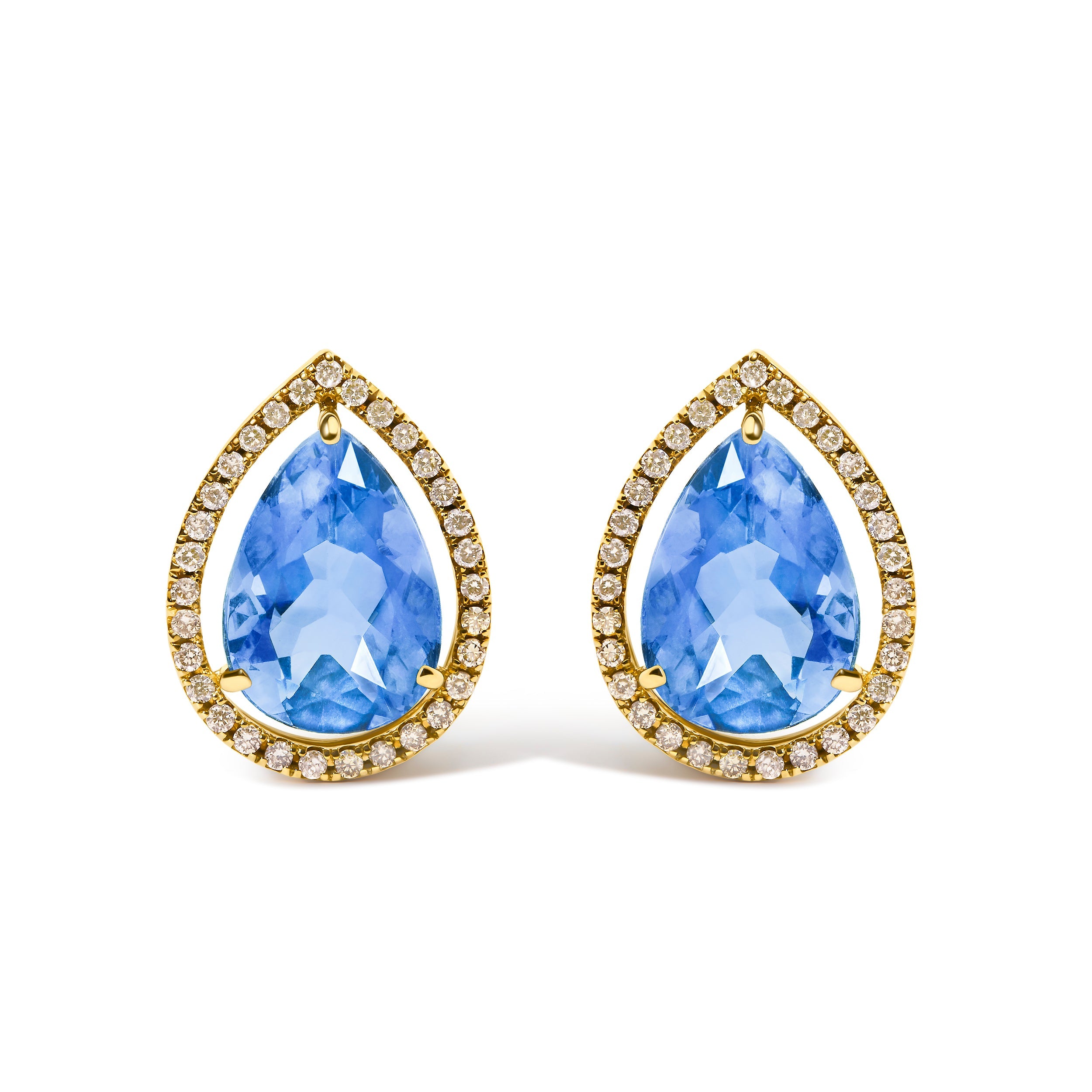 18K Yellow Gold 9x13 MM Blue Flourite Pear Halo Stud Earrings 1/2 Cttw Diamond