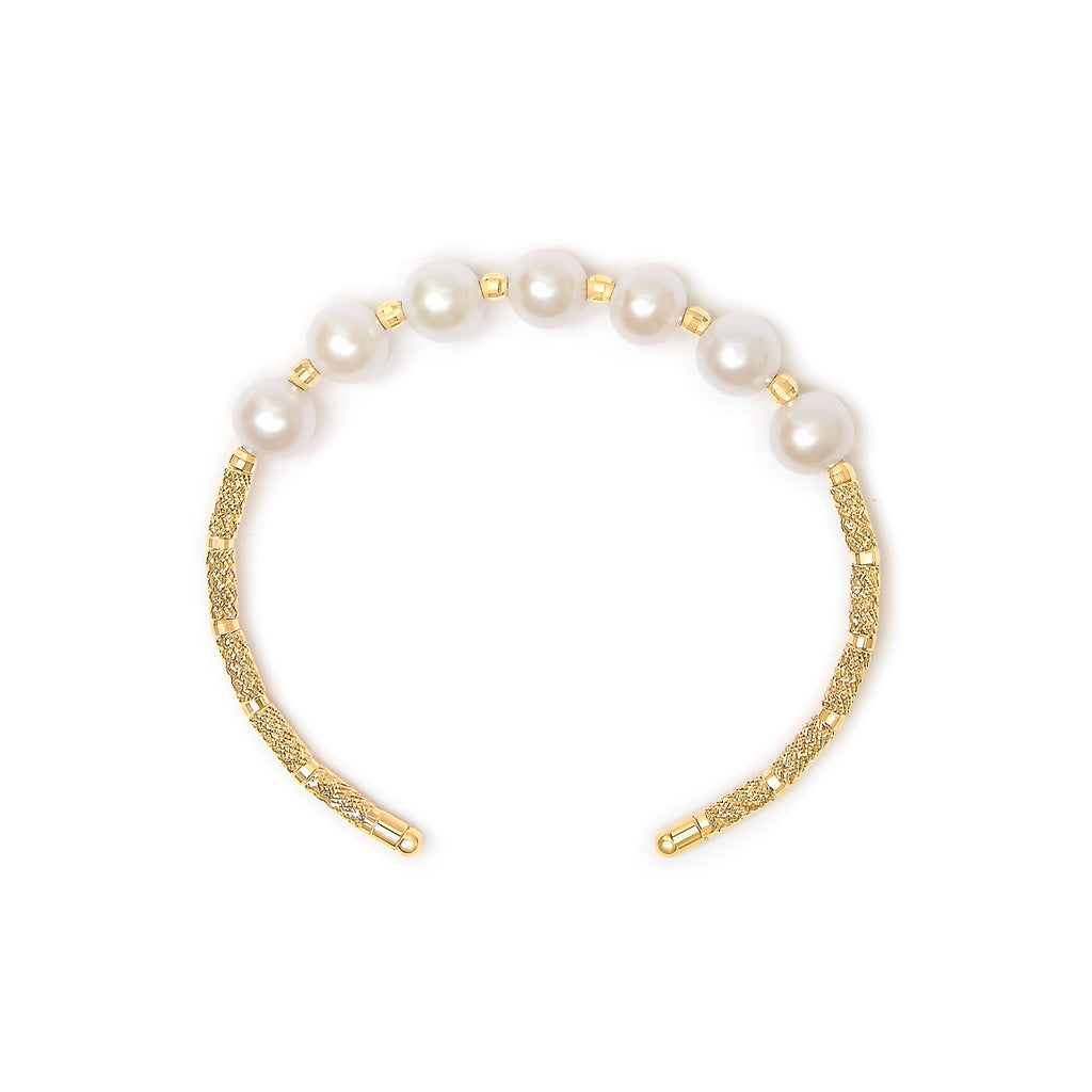 18K Yellow Gold Freshwater Pearl Cuff Bangle Bracelet