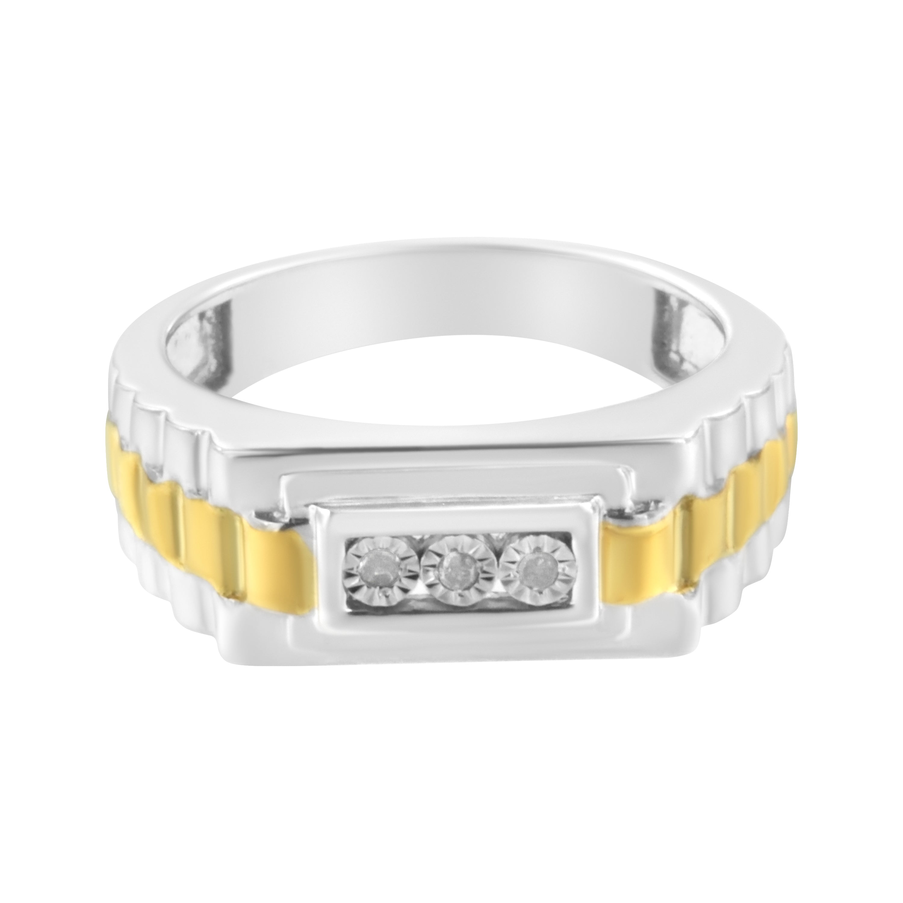 10K Yellow Gold Plated .925 Sterling Silver Diamond Accent Miracle-Set 3 Stone Ridged Band Gentlemen's Fashion Ring (I-J Color, I2-I3 Clarity) - Size 10
