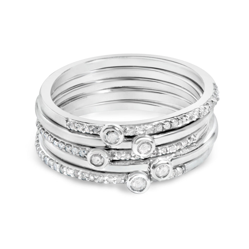 Sterling Silver 3/8 Carat Total Weight Diamond Bezel and Pave Set Stackable Ring Set