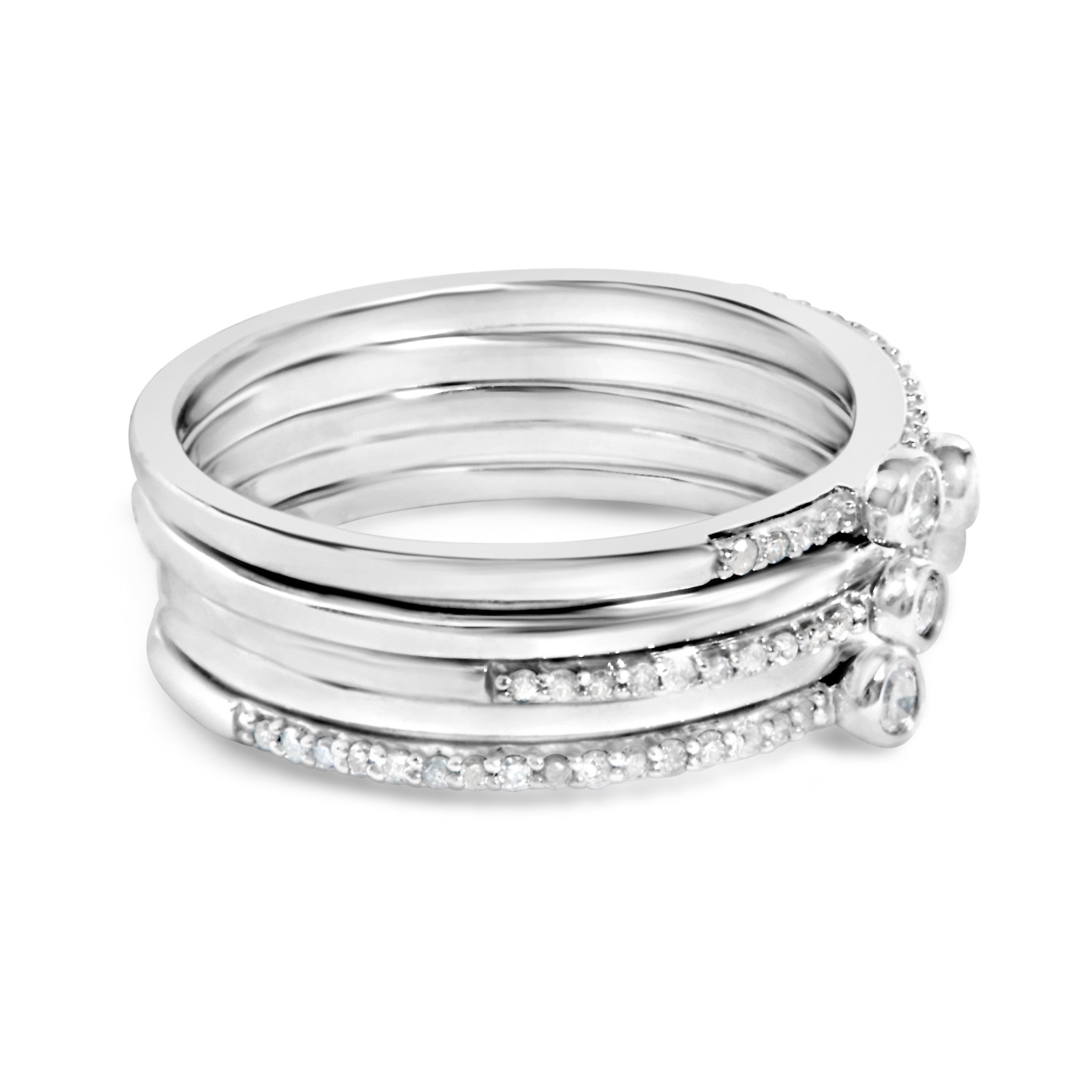 Sterling Silver 3/8 Carat Total Weight Diamond Bezel and Pave Set Stackable Ring Set