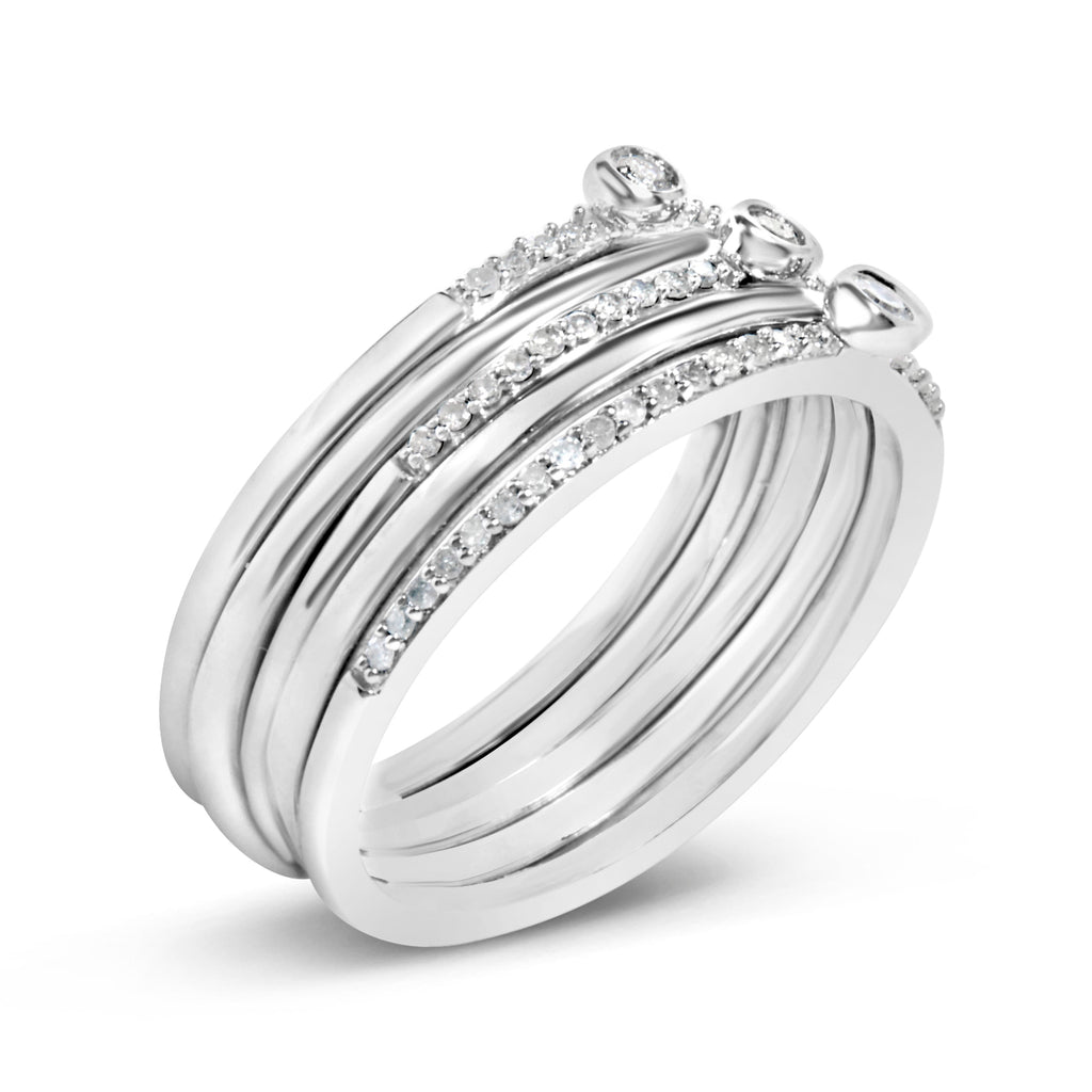 Sterling Silver 3/8 Carat Total Weight Diamond Bezel and Pave Set Stackable Ring Set
