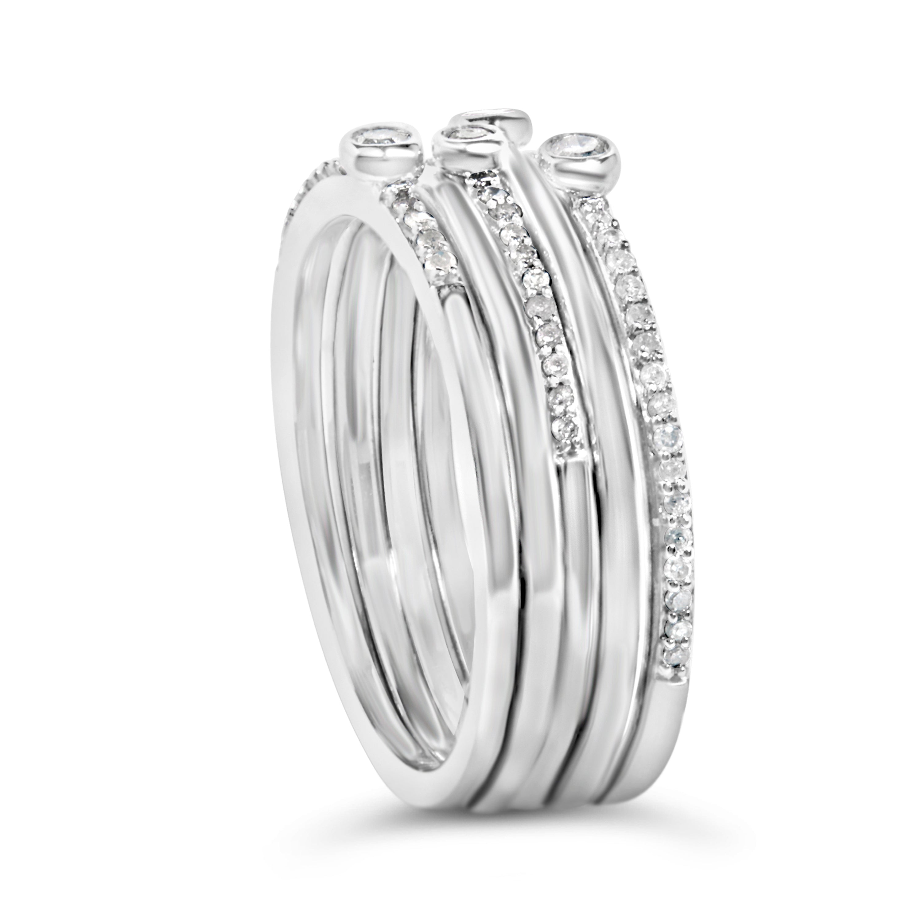 Sterling Silver 3/8 Carat Total Weight Diamond Bezel and Pave Set Stackable Ring Set