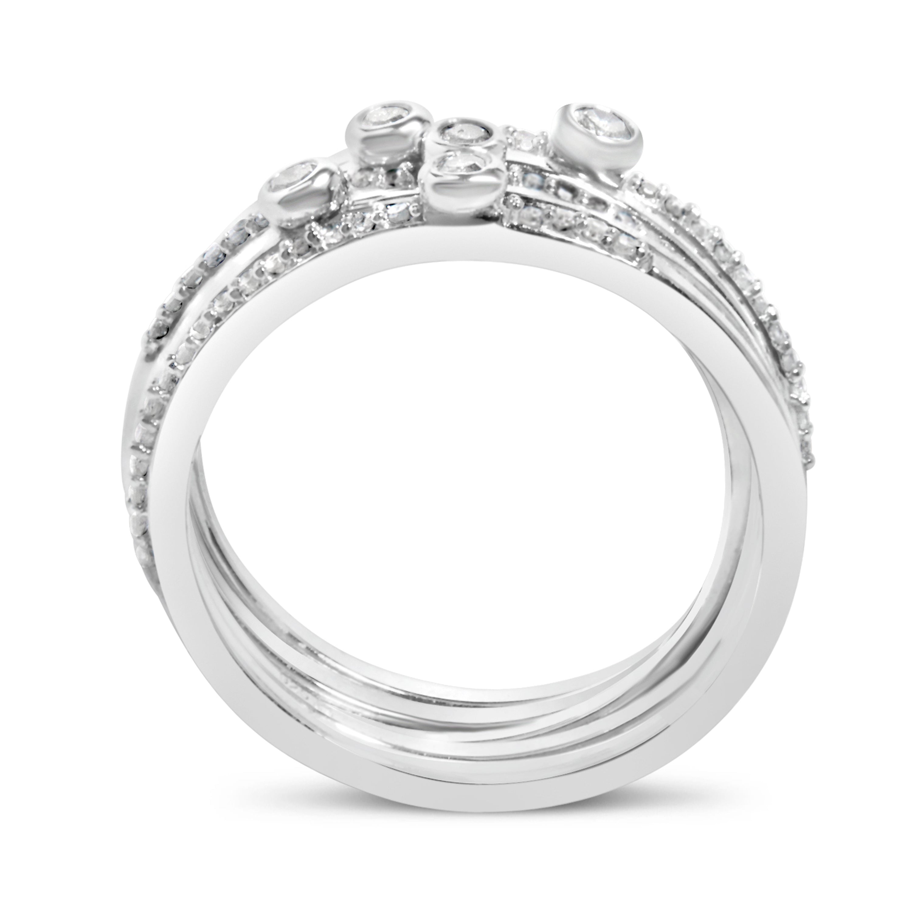 Sterling Silver 3/8 Carat Total Weight Diamond Bezel and Pave Set Stackable Ring Set