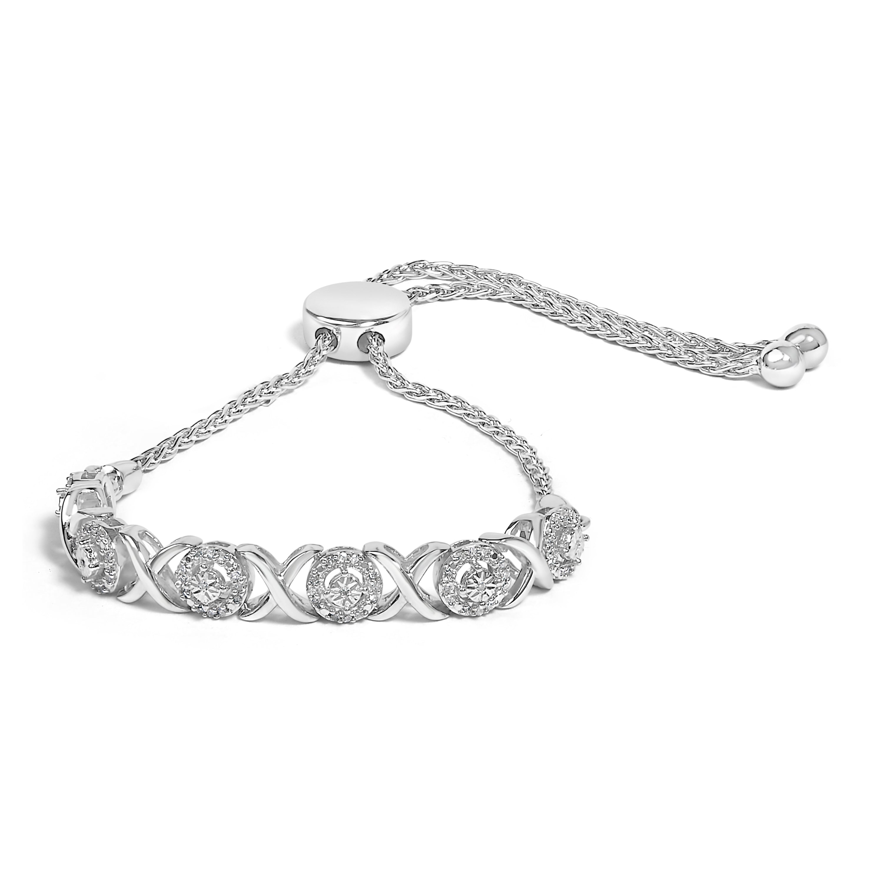 .925 Sterling Silver 1/6 Carat Total Weight Diamond X and O Bolo Bracelet