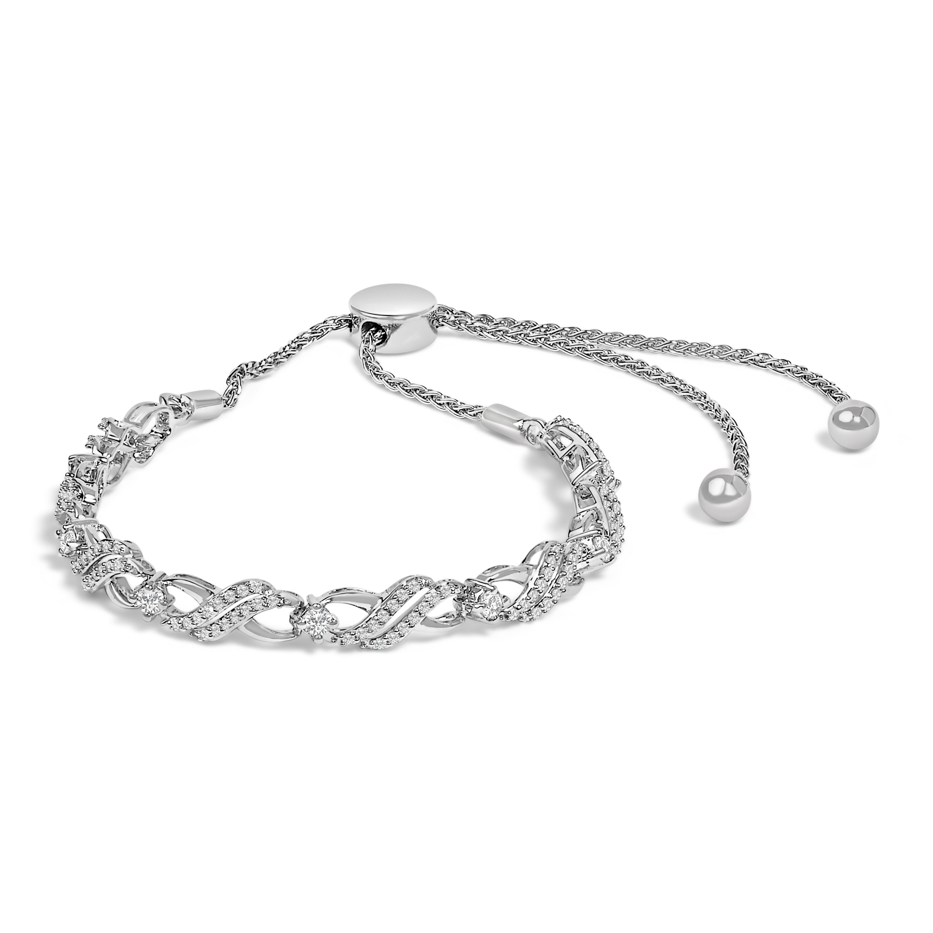 .925 Sterling Silver 1/2 Carat Total Weight Diamond Weave and Station Bolo Bracelet