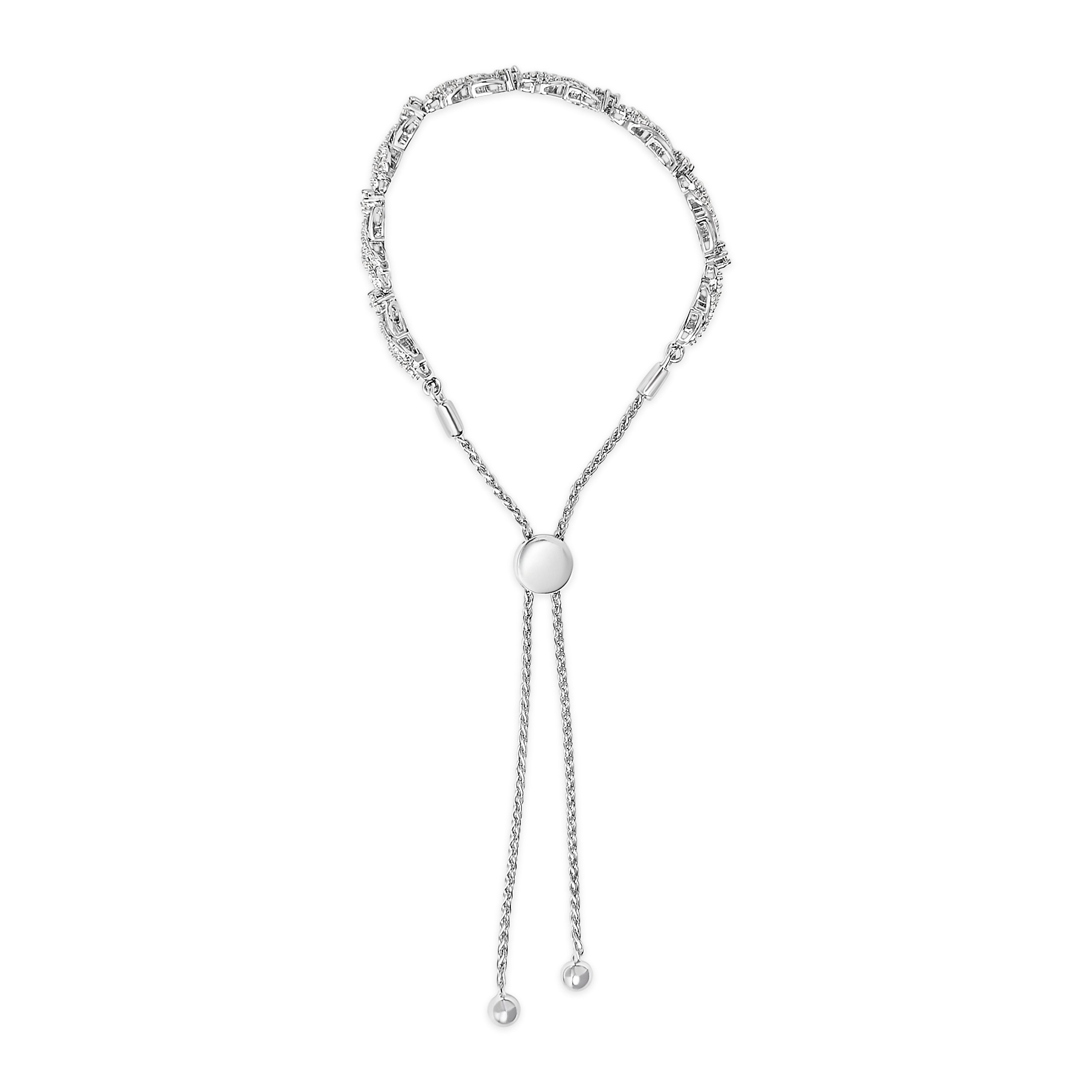 .925 Sterling Silver 1/2 Carat Total Weight Diamond Weave and Station Bolo Bracelet