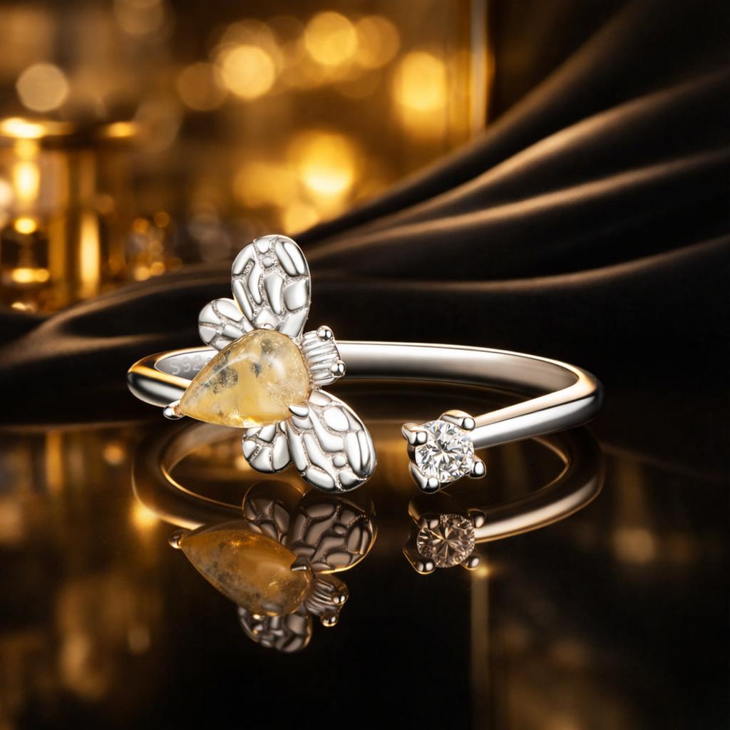 925 Sterling Silver White Gold Plated Jade Ring with CZ for Women