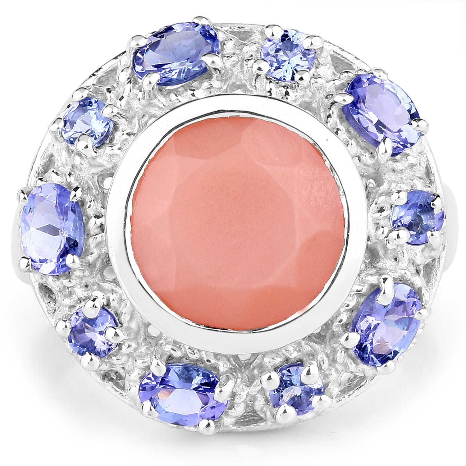 4.50 Carat Genuine Peach Moonstone and Tanzanite .925 Sterling Silver Ring
