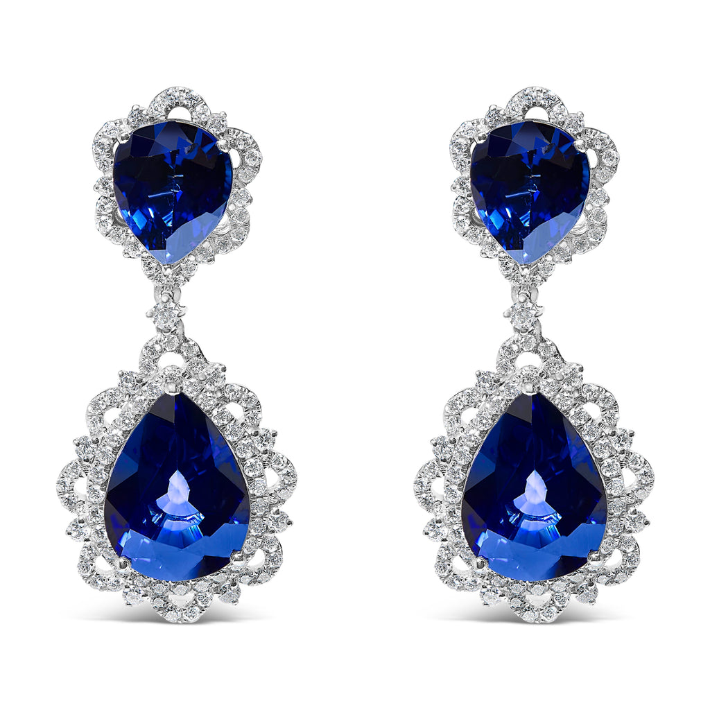 18K White Gold Blue Sapphire and Diamond 2.00 Cttw Diamond Halo Drop and Dangle Earrings (G-H Color, SI1-SI2 Clarity)