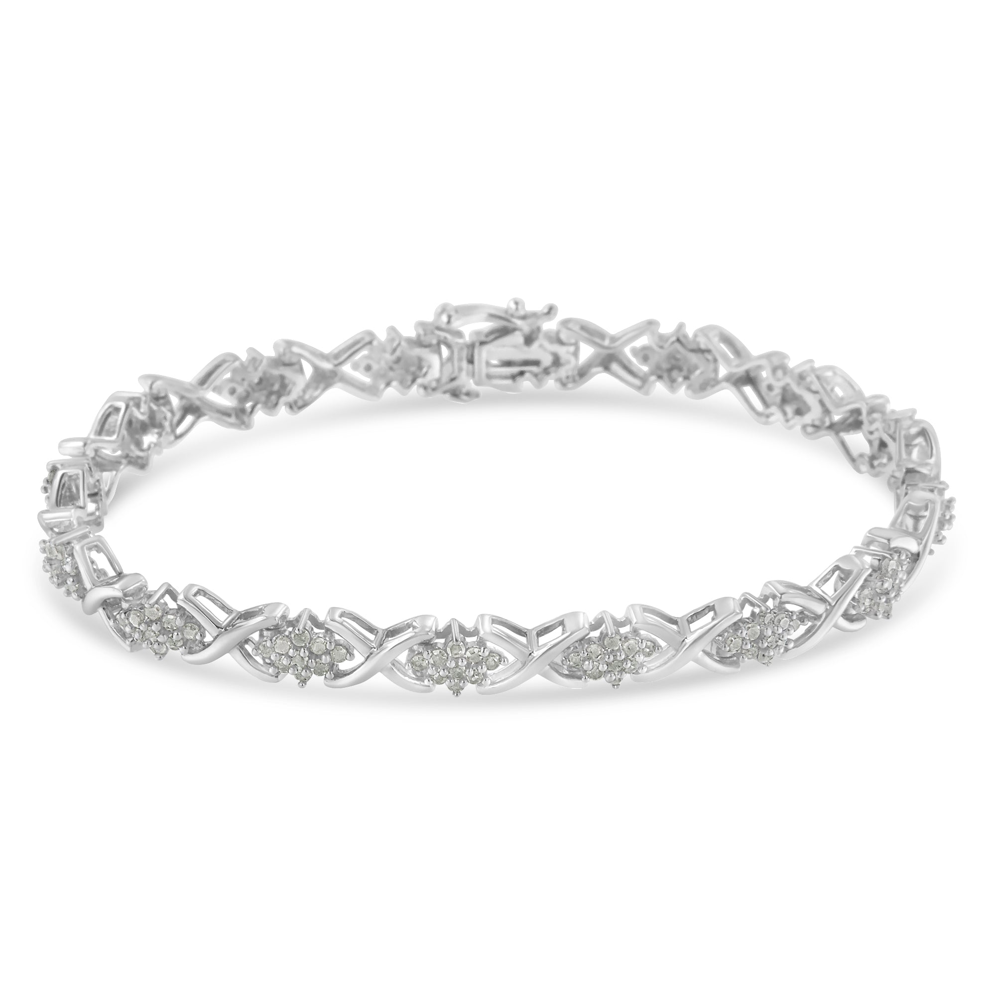 .925 Sterling Silver 1-1/2 Carat Total Weight Diamond Cluster X Link 7" Tennis Bracelet (I-J color, I3 clarity)