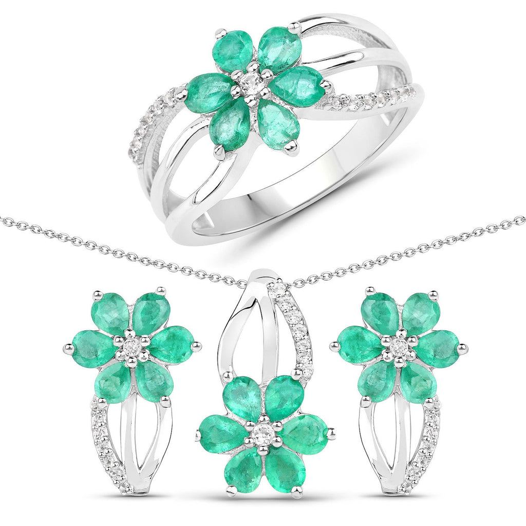 3.61 Carat Genuine Emerald and White Topaz .925 Sterling Silver Set (Ring, Earrings, and Pendant)