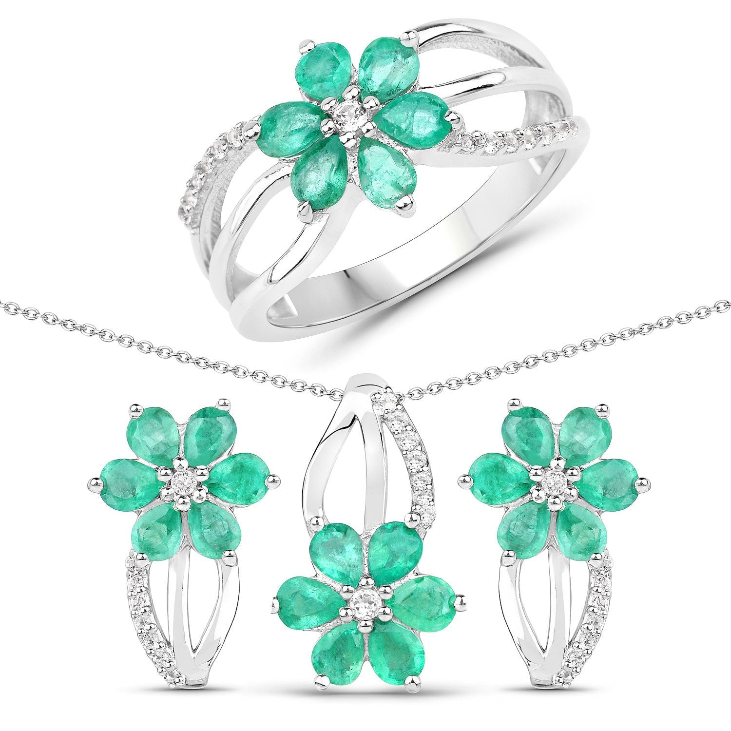 3.61 Carat Genuine Emerald and White Topaz .925 Sterling Silver Set (Ring, Earrings, and Pendant)