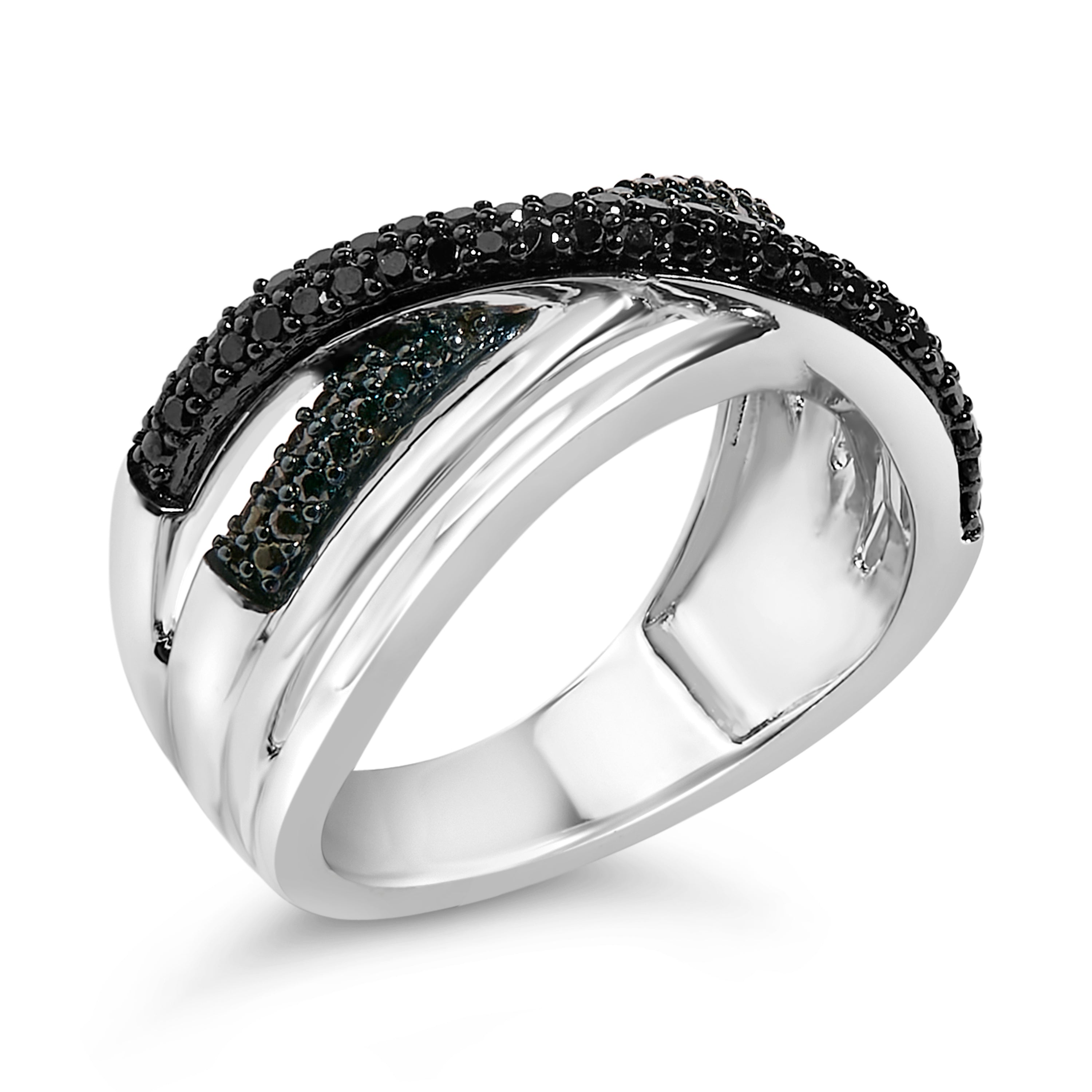 Sterling Silver 1/2 Carat Total Weight Black and Blue Diamond Crossover Bypass Ring