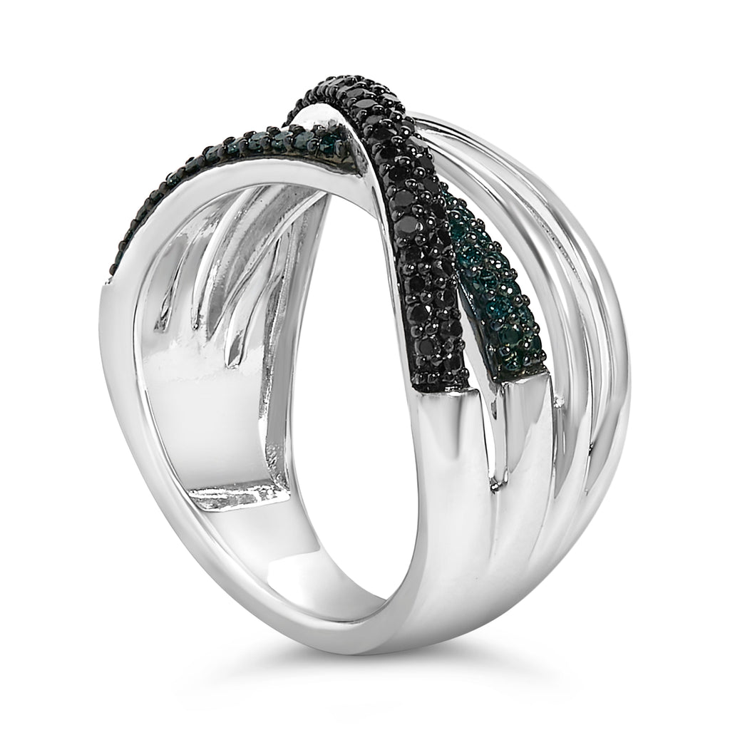 Sterling Silver 1/2 Carat Total Weight Black and Blue Diamond Crossover Bypass Ring