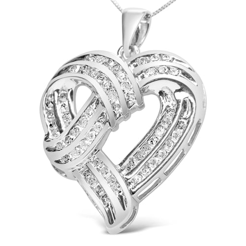 .925 Sterling Silver 1 1/4 Carat Total Weight Round Diamond Openwork Ribbon Weave Heart Pendant 18" Necklace (I-J Color, I3 Clarity)