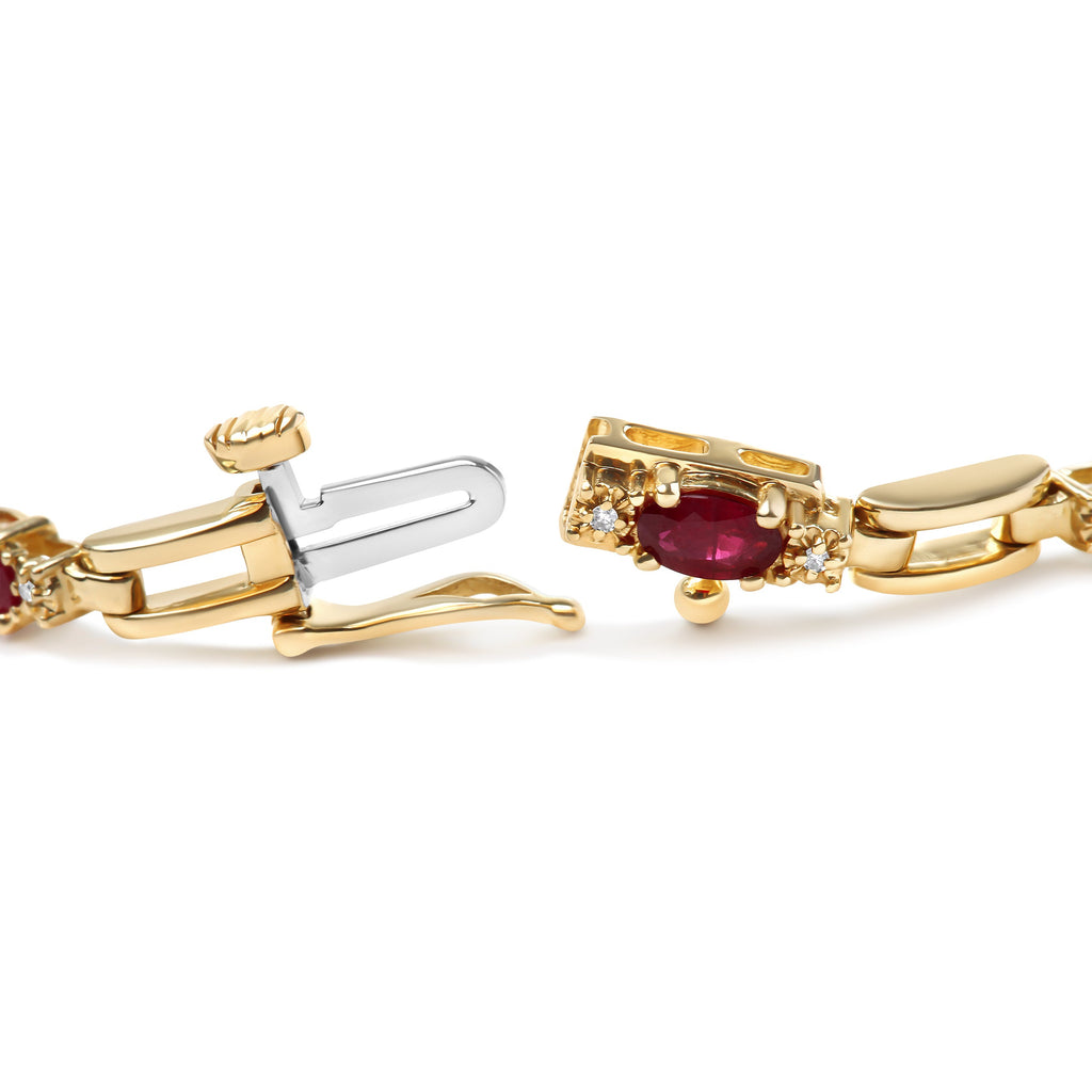 10K Yellow Gold Oval Ruby and 1/10 Cttw Diamond Bar Prong Set Bracelet (H-I Color, SI1-SI2 Clarity) - 7" Length