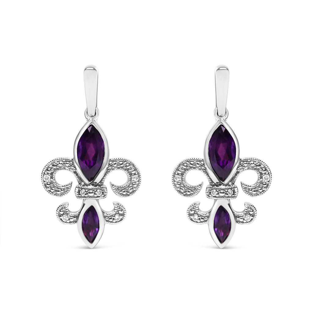 .925 Sterling Silver Marquise Cut Amethyst and Diamond Accent Fleur De Lis Dangle Stud Earrings (H-I Color, SI1-SI2 Clarity)