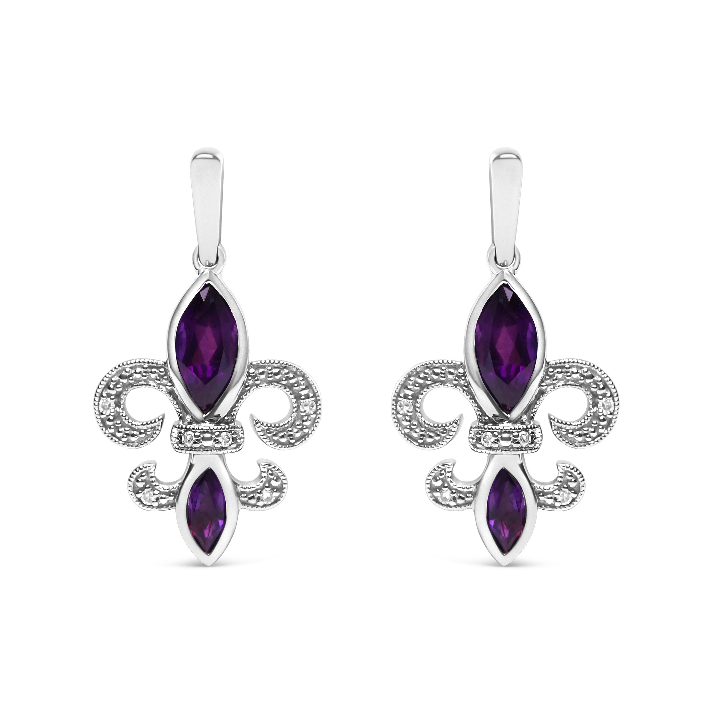 .925 Sterling Silver Marquise Cut Amethyst and Diamond Accent Fleur De Lis Dangle Stud Earrings (H-I Color, SI1-SI2 Clarity)
