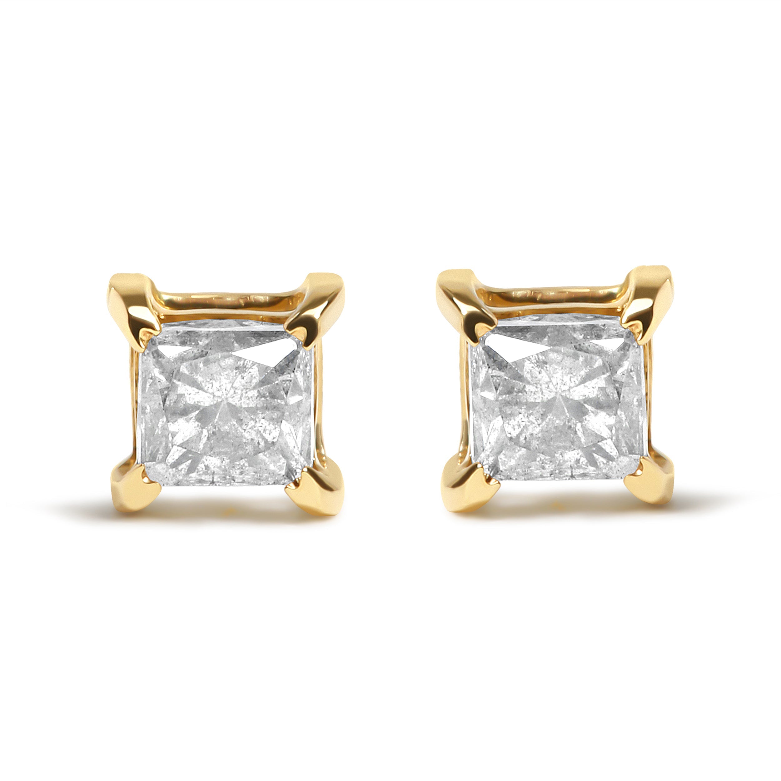 10K Yellow Gold 5/8 Carat Total Weight Princess Cut Diamond 4-Prong Solitaire Stud Earrings (J-K Color, I2-I3 Clarity)