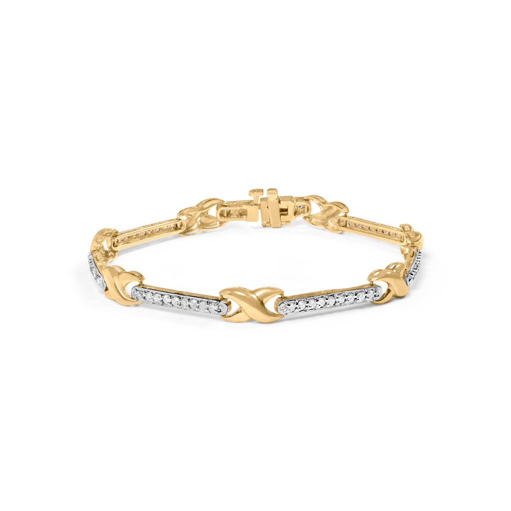 10K Yellow Gold 1.00 Carat Total Weight Pave Set Diamond Bar and X-Link 7" Bracelet (I-J Color, I3 Quality)