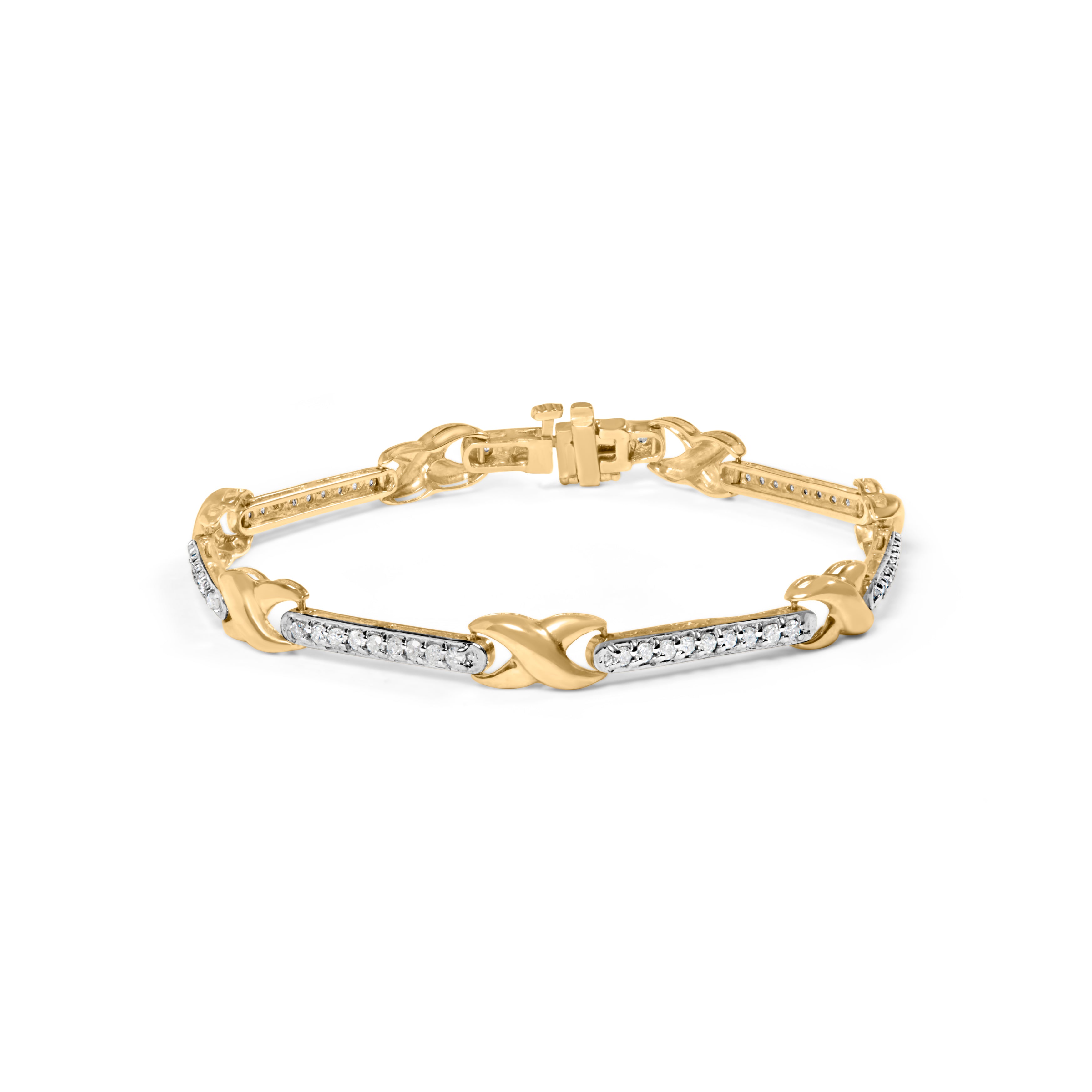 10K Yellow Gold 1.00 Carat Total Weight Pave Set Diamond Bar and X-Link 7" Bracelet (I-J Color, I3 Quality)