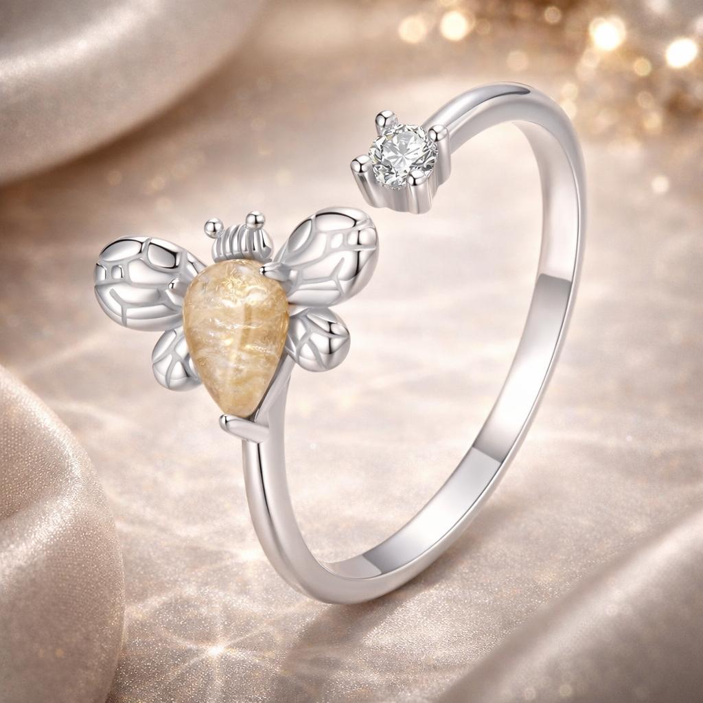925 Sterling Silver White Gold Plated Jade Ring with CZ for Women