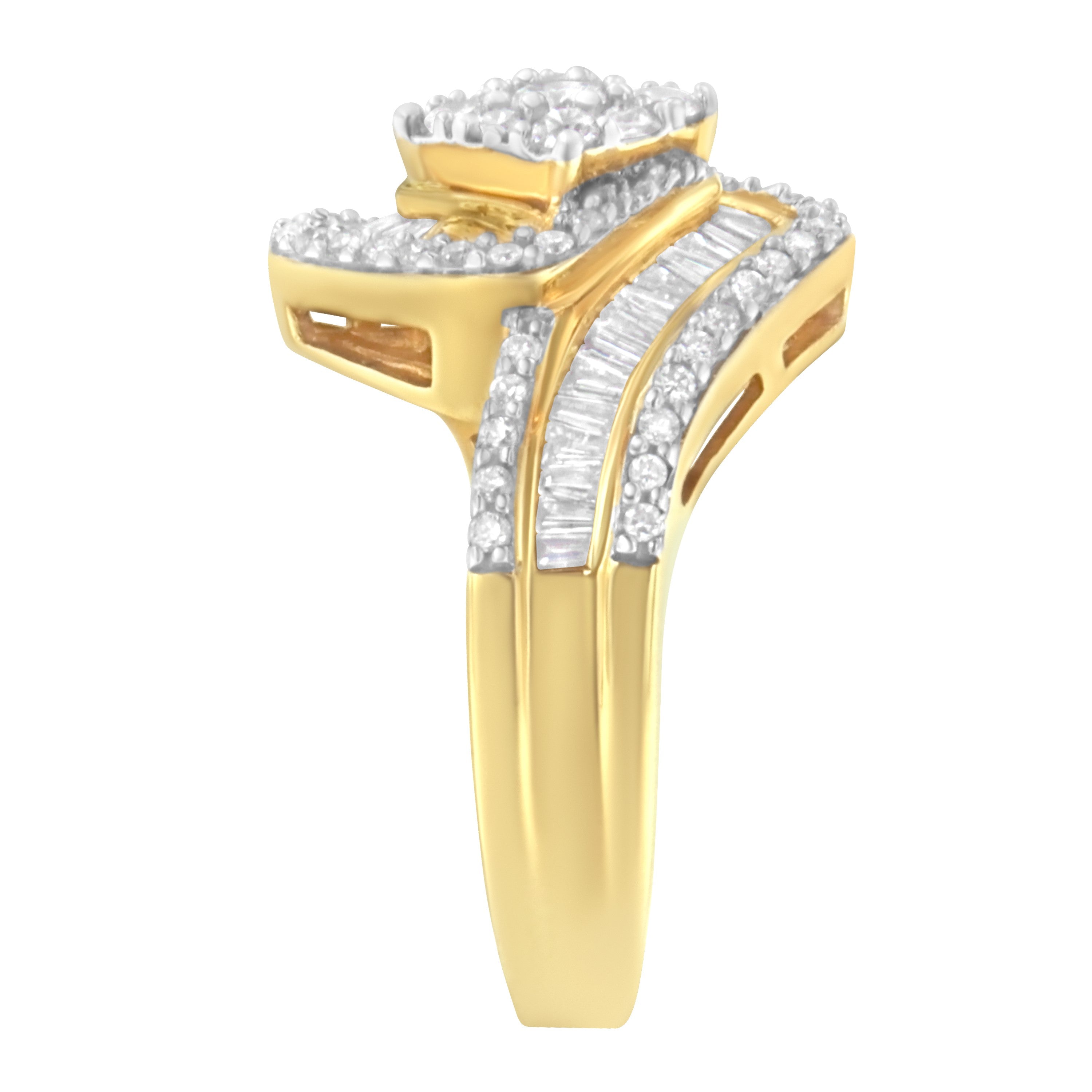 14K Yellow Gold 1.0 Cttw Baguette & Brilliant-Cut Diamond Round Floral Cluster Engagement or Fashion Ring with Swirl Wrapped Triple Row Band (H-I Color, SI2-I1 Clarity) - Size 6-3/4