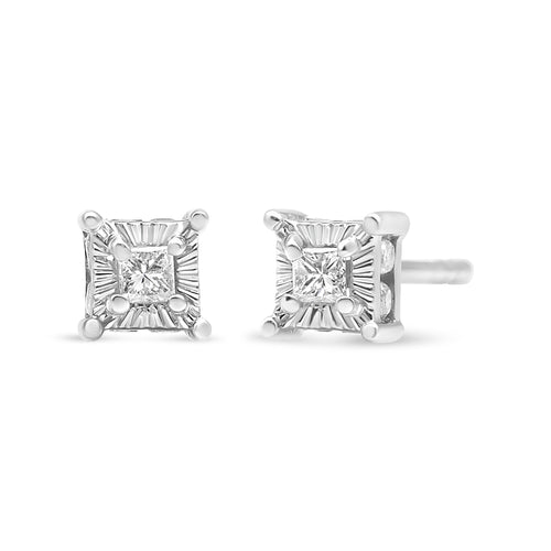 .925 Sterling Silver 1/4 Carat Total Weight Miracle Set Princess-Cut Diamond Solitaire Stud Earrings with Hidden Halo (I-J Color, SI2-I1 Clarity)