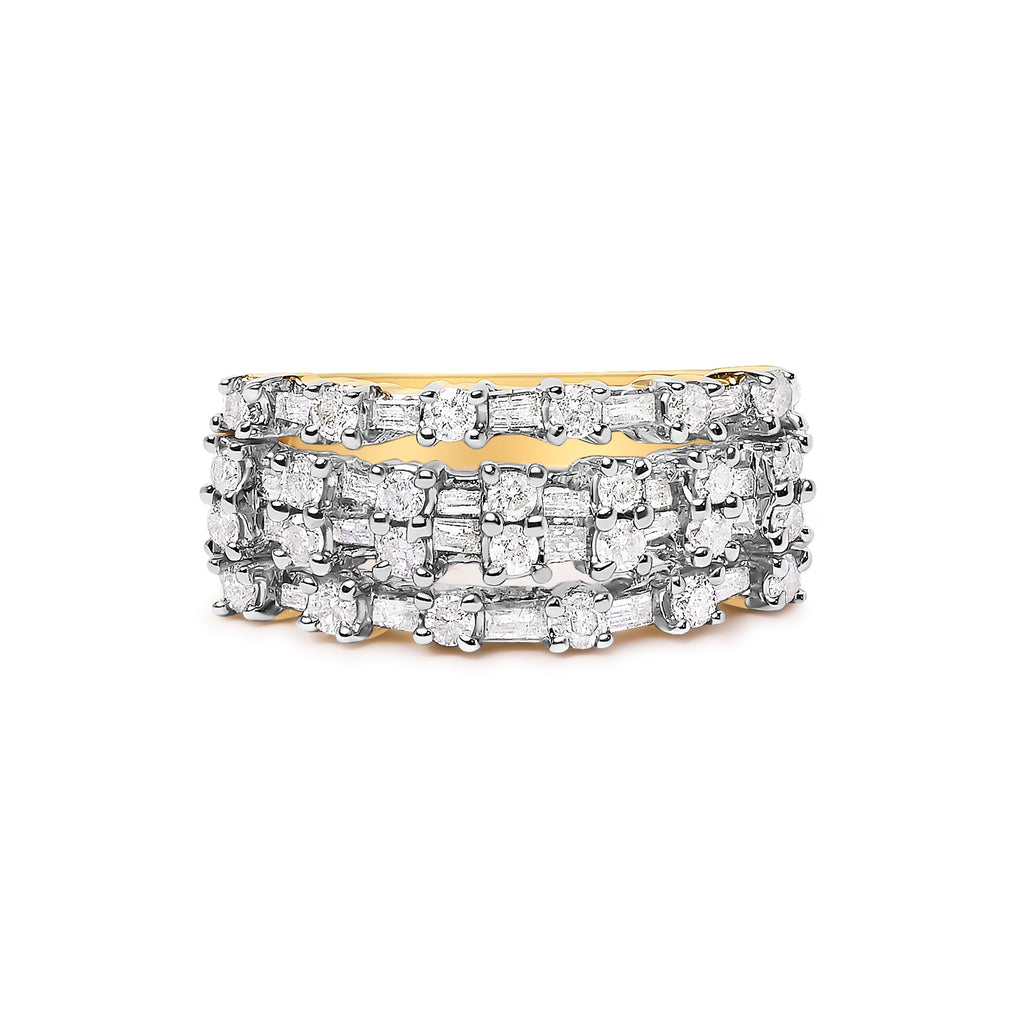 14K Yellow Gold 1.0 Cttw Round and Baguette Diamond Multi-Row Band Ring