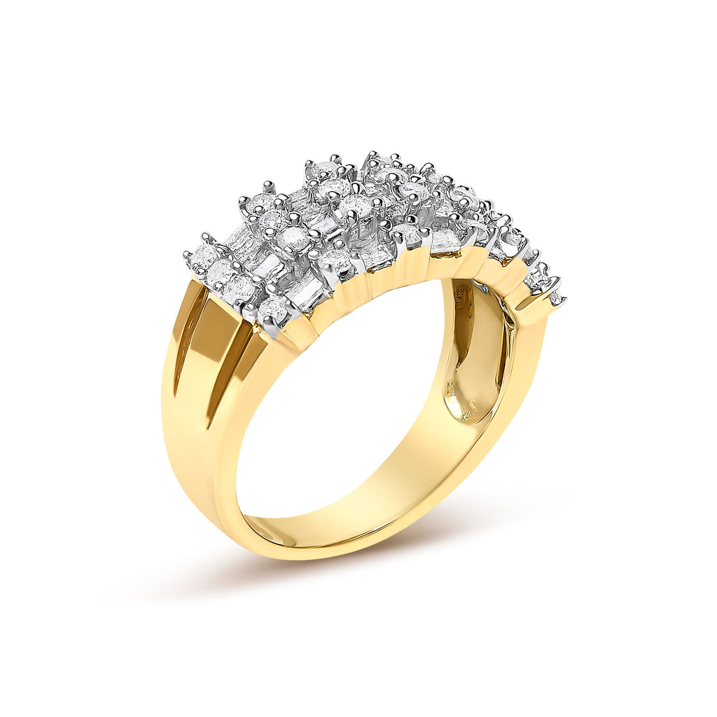 14K Yellow Gold 1.0 Cttw Round and Baguette Diamond Multi-Row Band Ring
